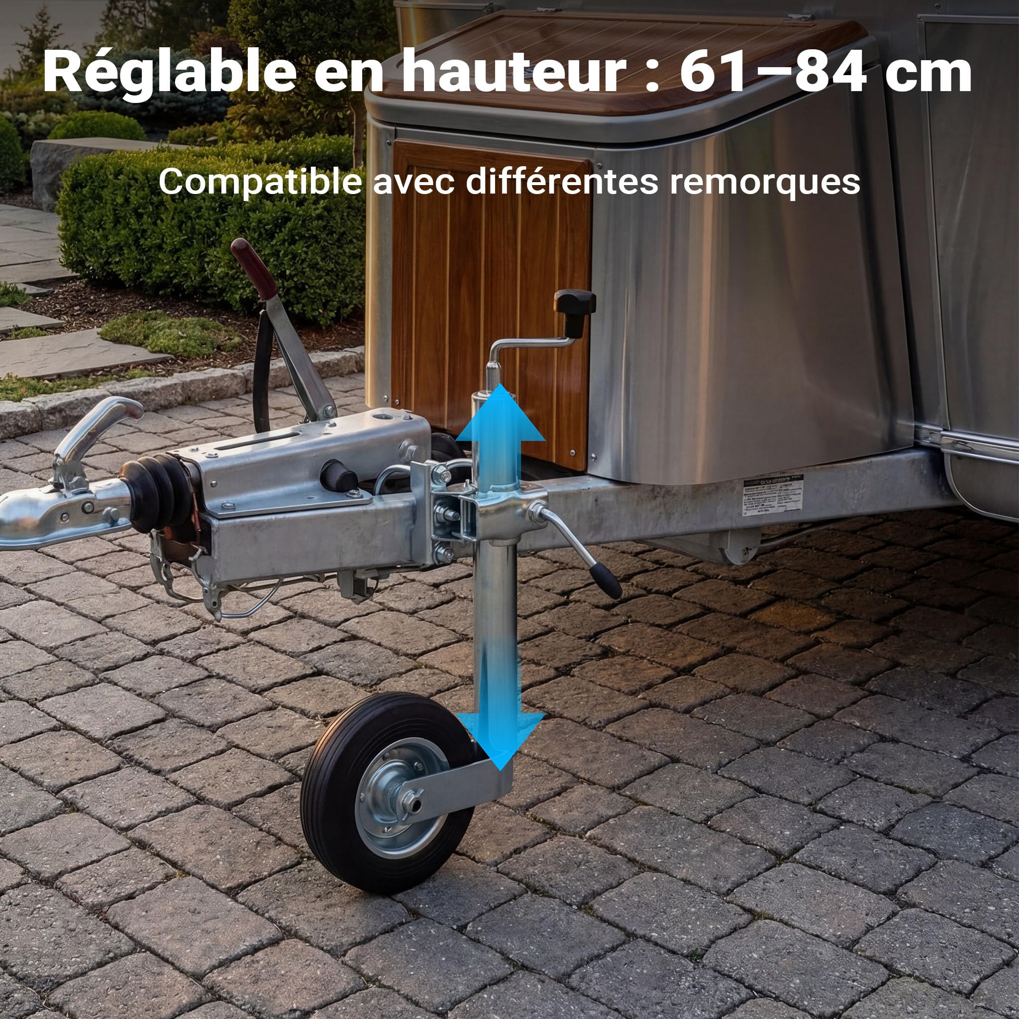 Wiltec Roue Jockey pour remorque – 840 x 260 x 48 mm – Charge Max. 362 kg – en Acier galvanisé – avec Borne de Serrage & Dispositifs de Serrage – Caravanes Roulottes