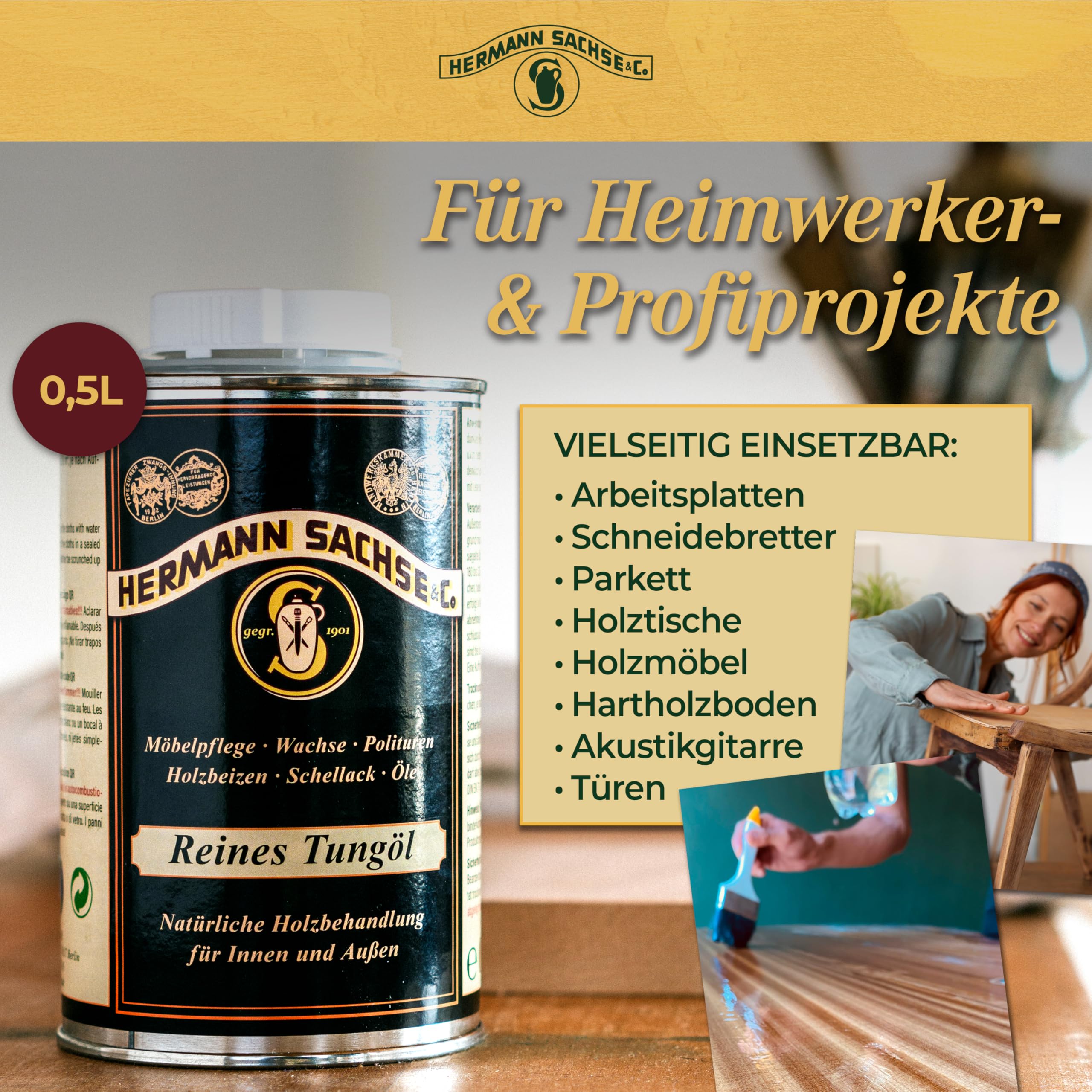Huile de tung pure 0,5 l - Huile pour bois 100 % naturelle pour intérieur et extérieur - Surface très résistante et imperméable - Couverture : environ 4 à 8 m²