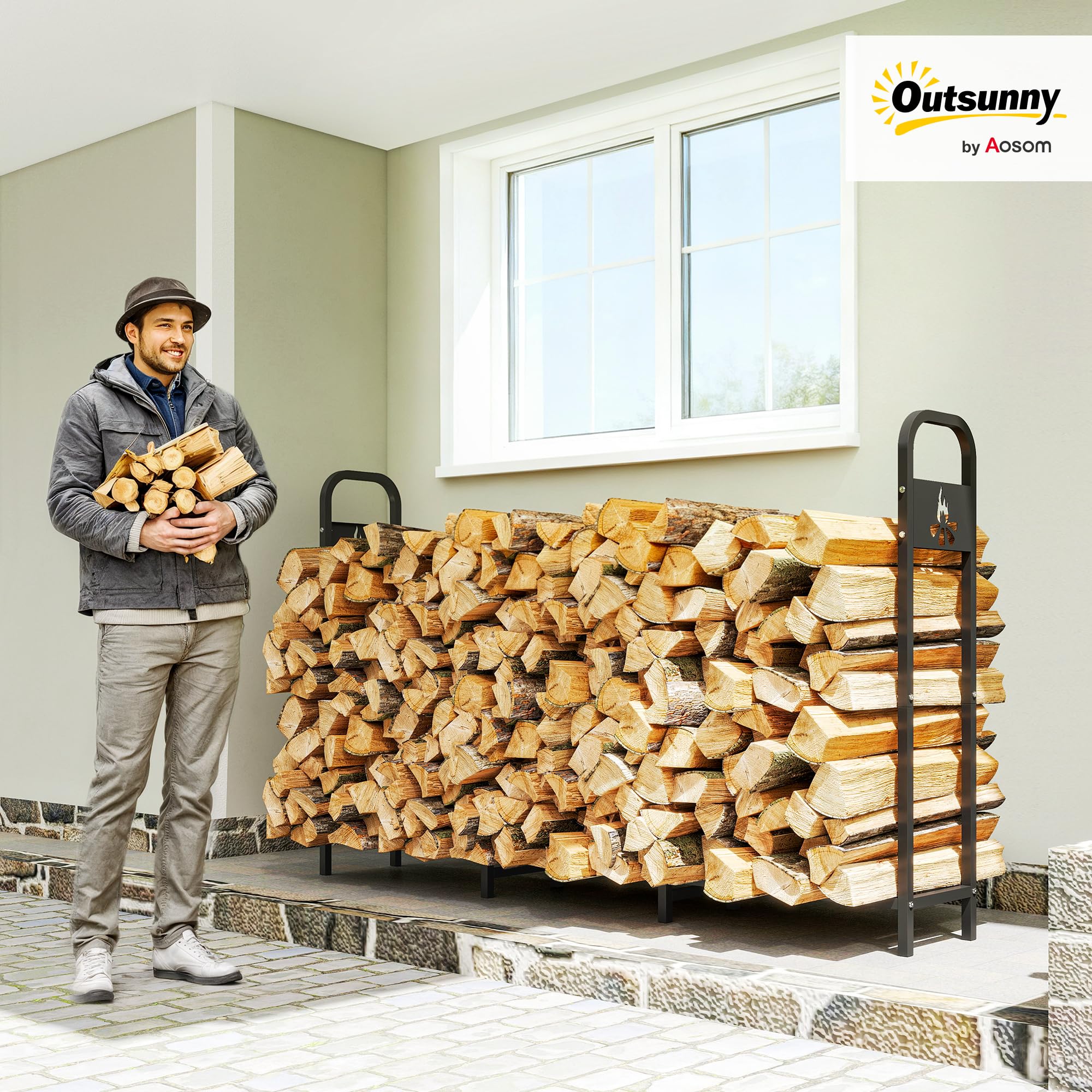 Outsunny Estante de Leña Metálico, 200x30x120 cm, Carga 300 kg, Leñero Exterior con Marco de Acero, Patas Extra Reforzadas y Diseño Recortado de Fogata, Soporte para Leña de Chimenea, para Jardín