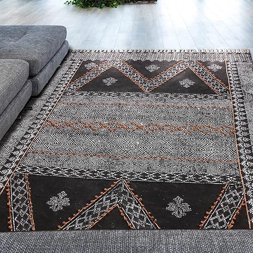 Miniatura 2 de CASAVANI Collection - Alfombra cuadrada de 9 x 9 pies, alfombra geométrica Kilim Dhurrie de algodón negro, alfombra de uso para interiores y