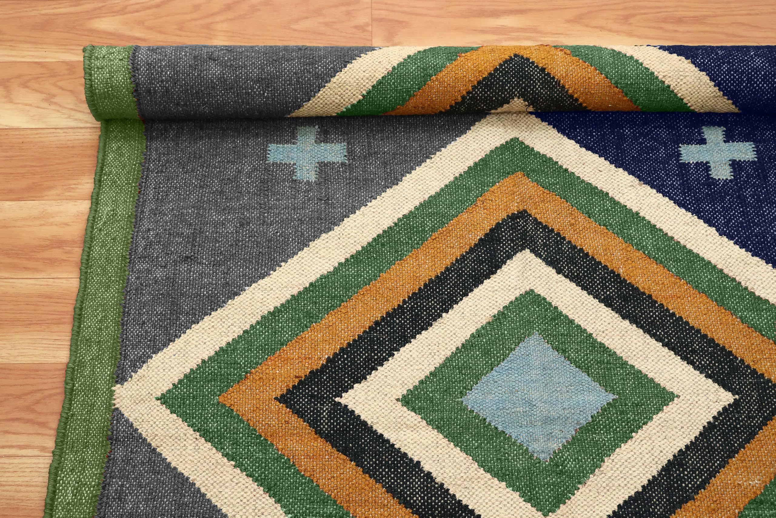 Tappeto quadrato reversibile per 1,5 m, reversibile, in lana, iuta, design geometrico, verde e blu, tappeto intrecciato a mano, spessore 0,5 cm, tappeto per interni ed esterni, per corridoio, sala da