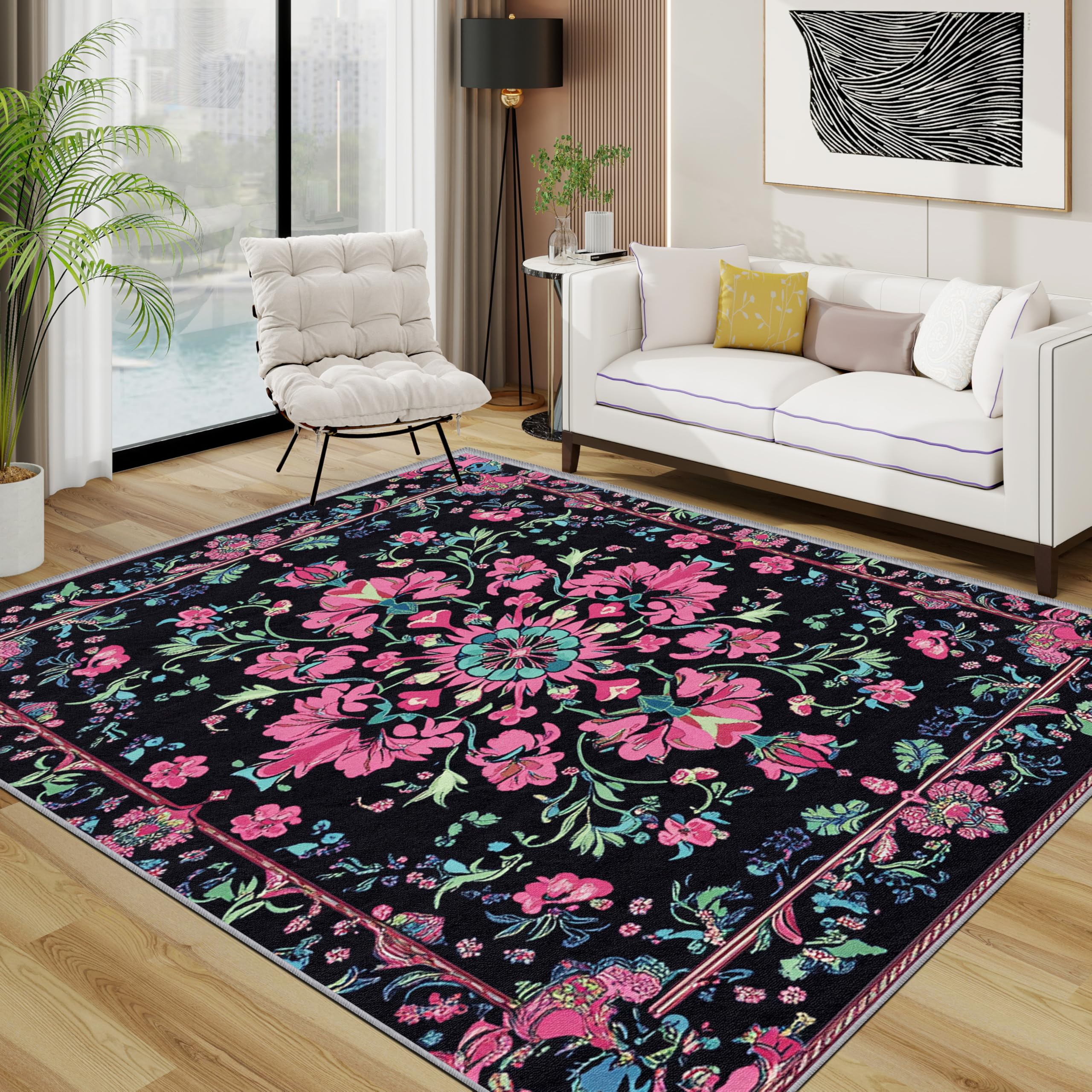TerroVee Flower Area Rugs for Living Room 120x120 - Vintage Floral Ethnic Traditional Rug for Bedroom, Classic Luxury Non Slip Washable Short Pile Carpet, Flower Room Decor