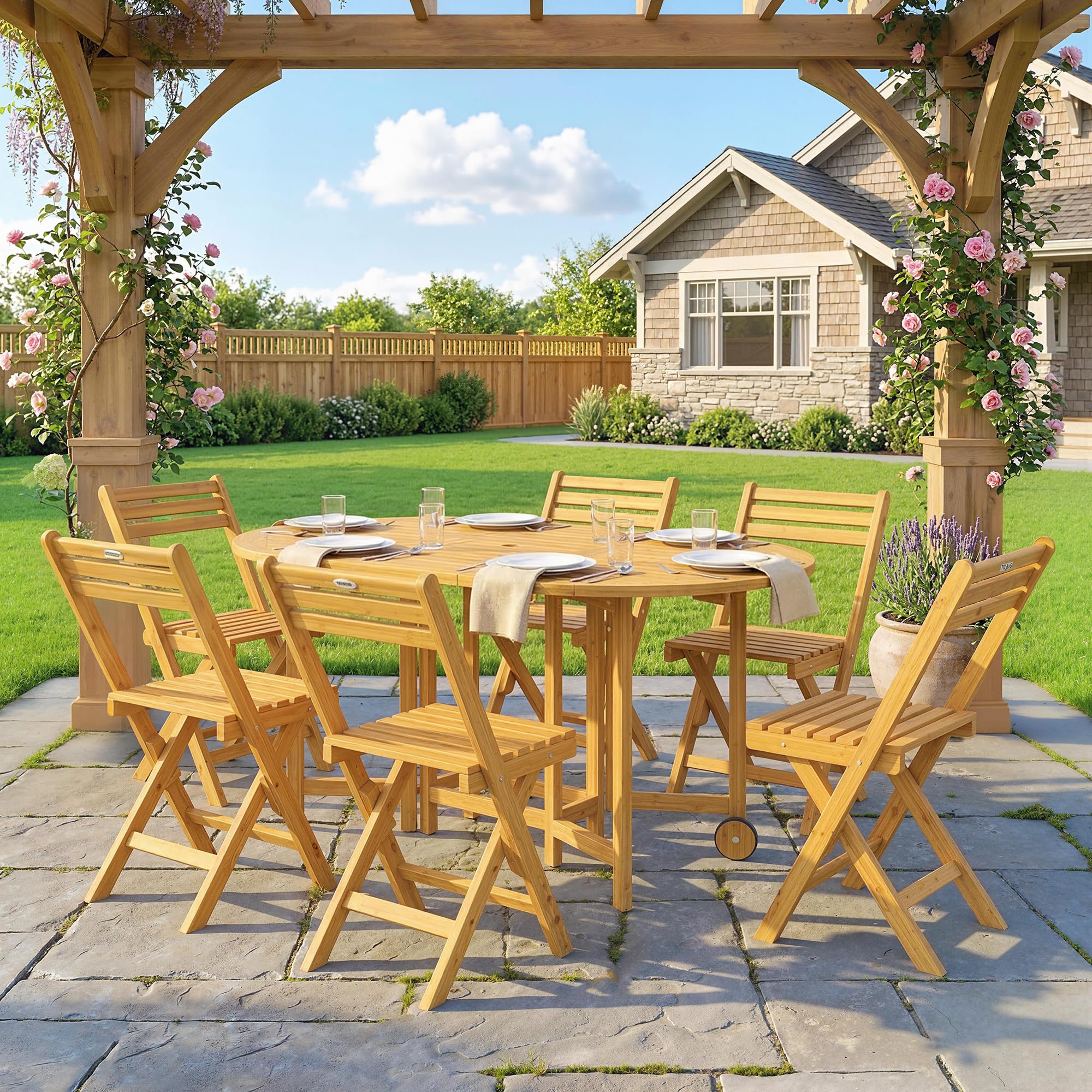 Outsunny Set Tavolo e Sedie da Giardino 7 Pezzi in Legno Acacia Pieghevole con Foro Ombrellone Ruote