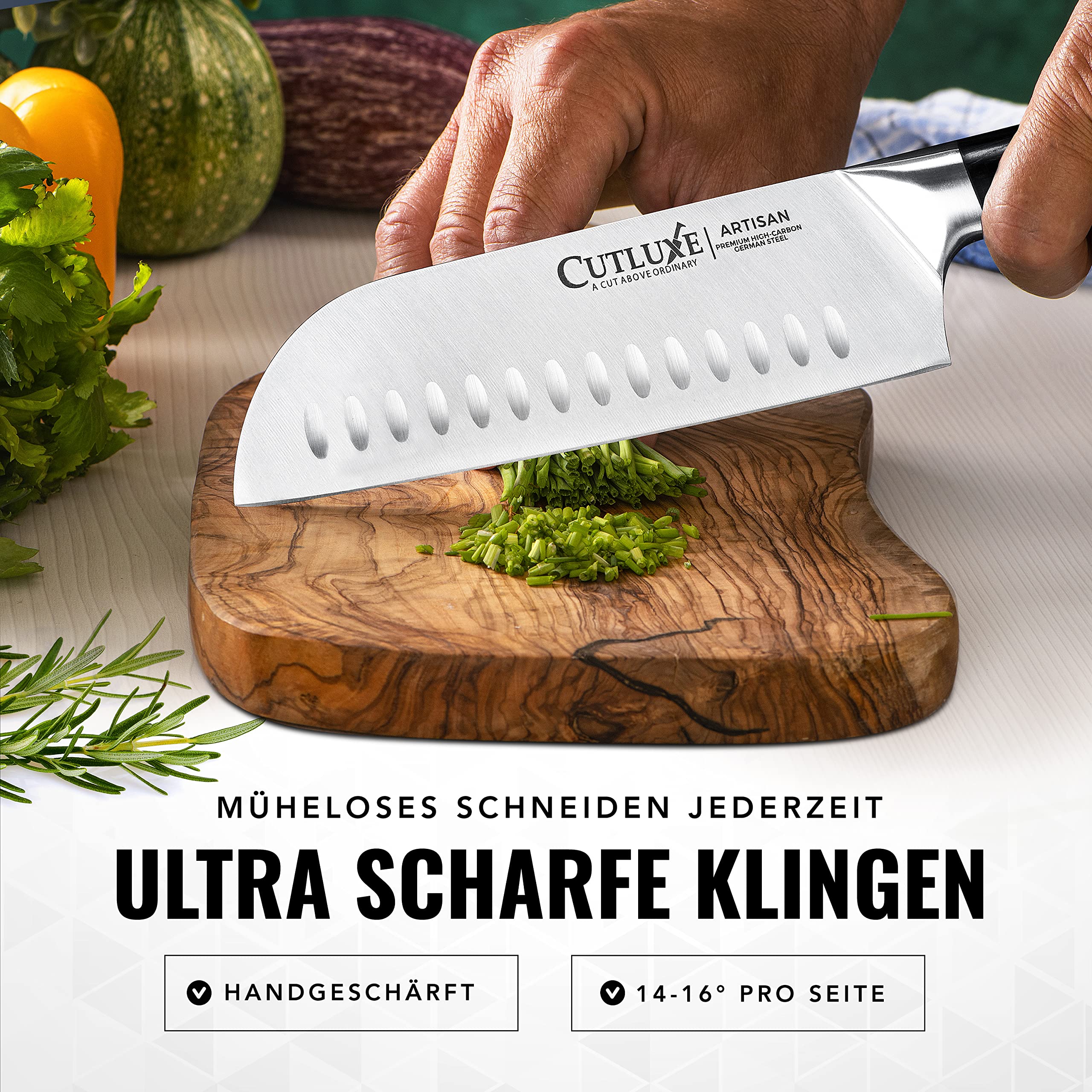 Cutluxe Santoku Messer 18cm – Fischmesser, Fleischmesser, Sushimesser, Küchenmesser mit Scheide – Ergonomisches Design & Extrem Scharf