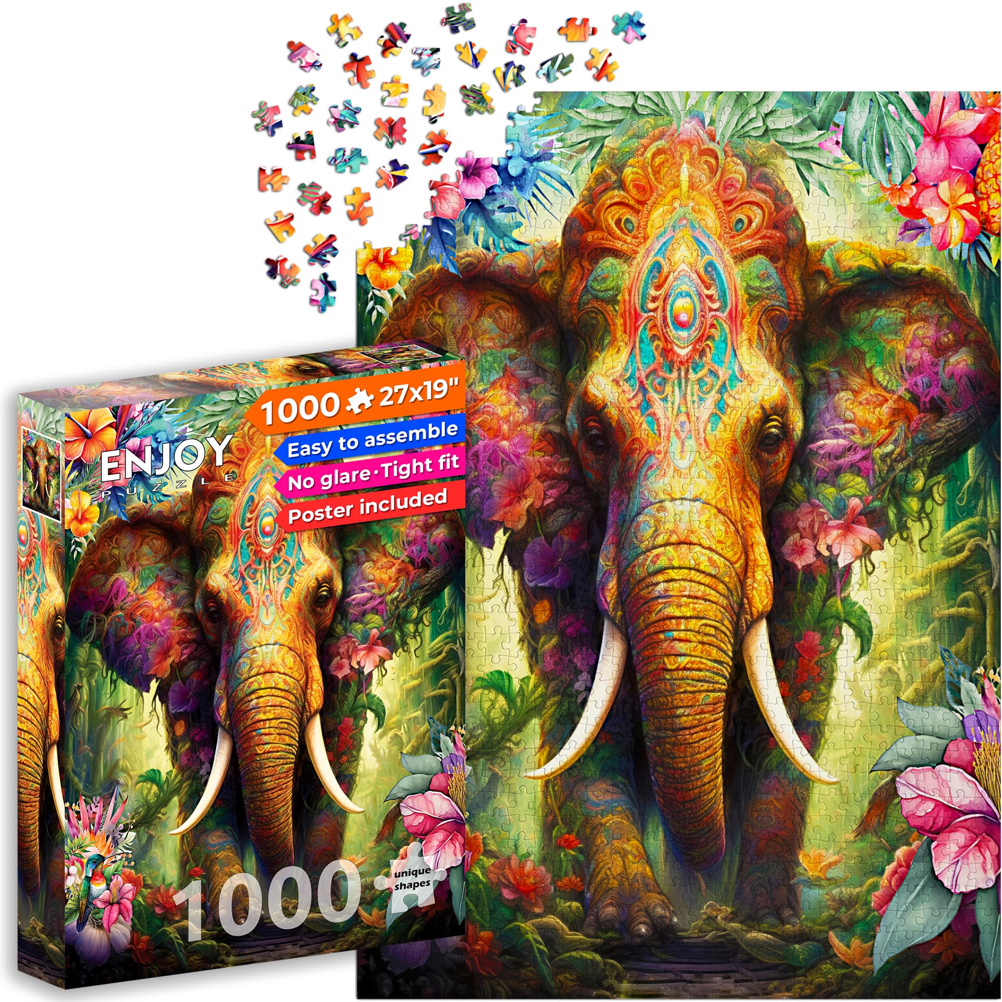 ENJOY Puzzle Flower Elephant in Tropical Forest – 1000 Pieces Jigsaw Puzzle for Adults – Matte Finish, Soft Touch, Easy to Assemble, Tight Fit, Vivid