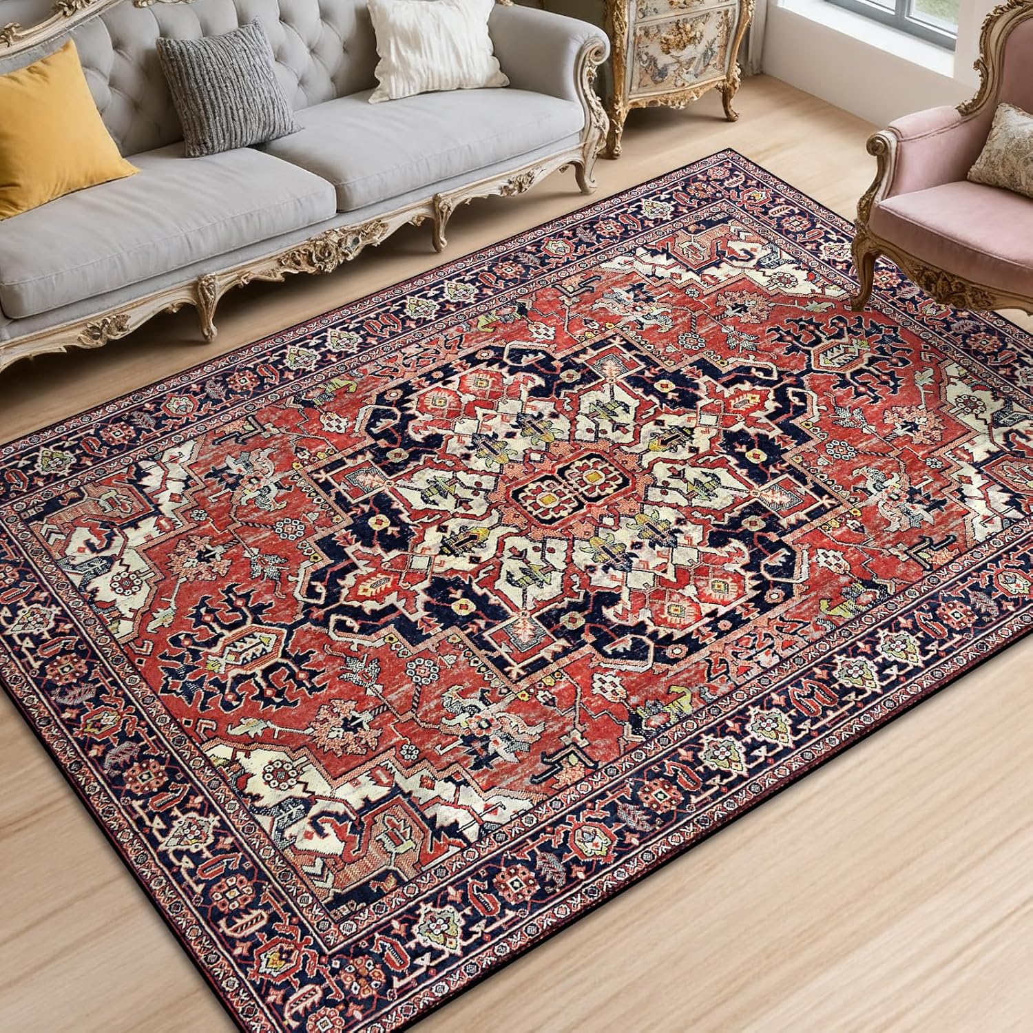 Area Rugs 3'x5' Washable, Non-Slip Distressed Vintage Carpet Entry Rug, Ideal for Enteryway, Living Room Bedroom Dining Room, Brick Red Low Pile Rug - Image 7