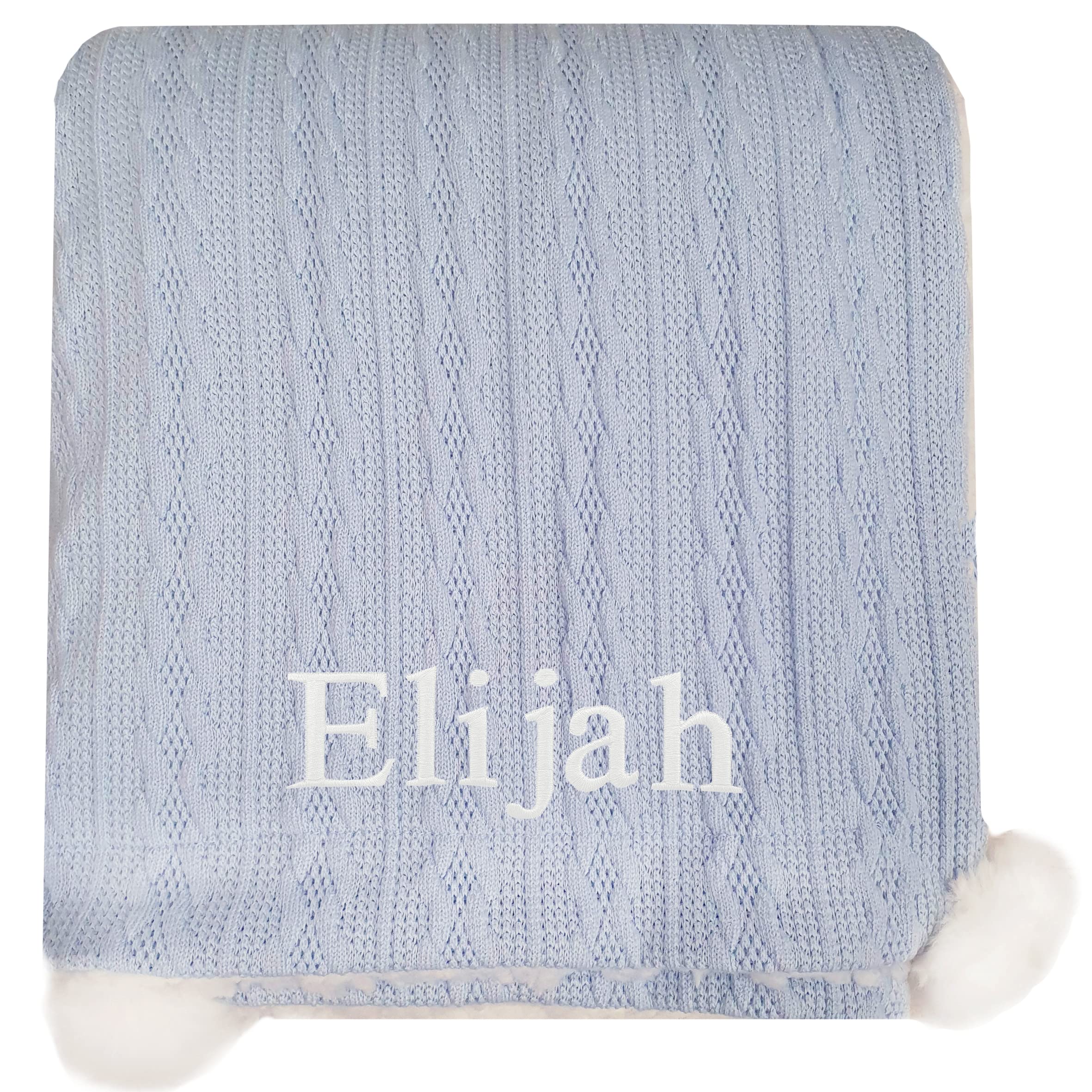 Baby Boy Girl Personalised Knitted Pom Pom Blanket Embroidered Name (Blue)