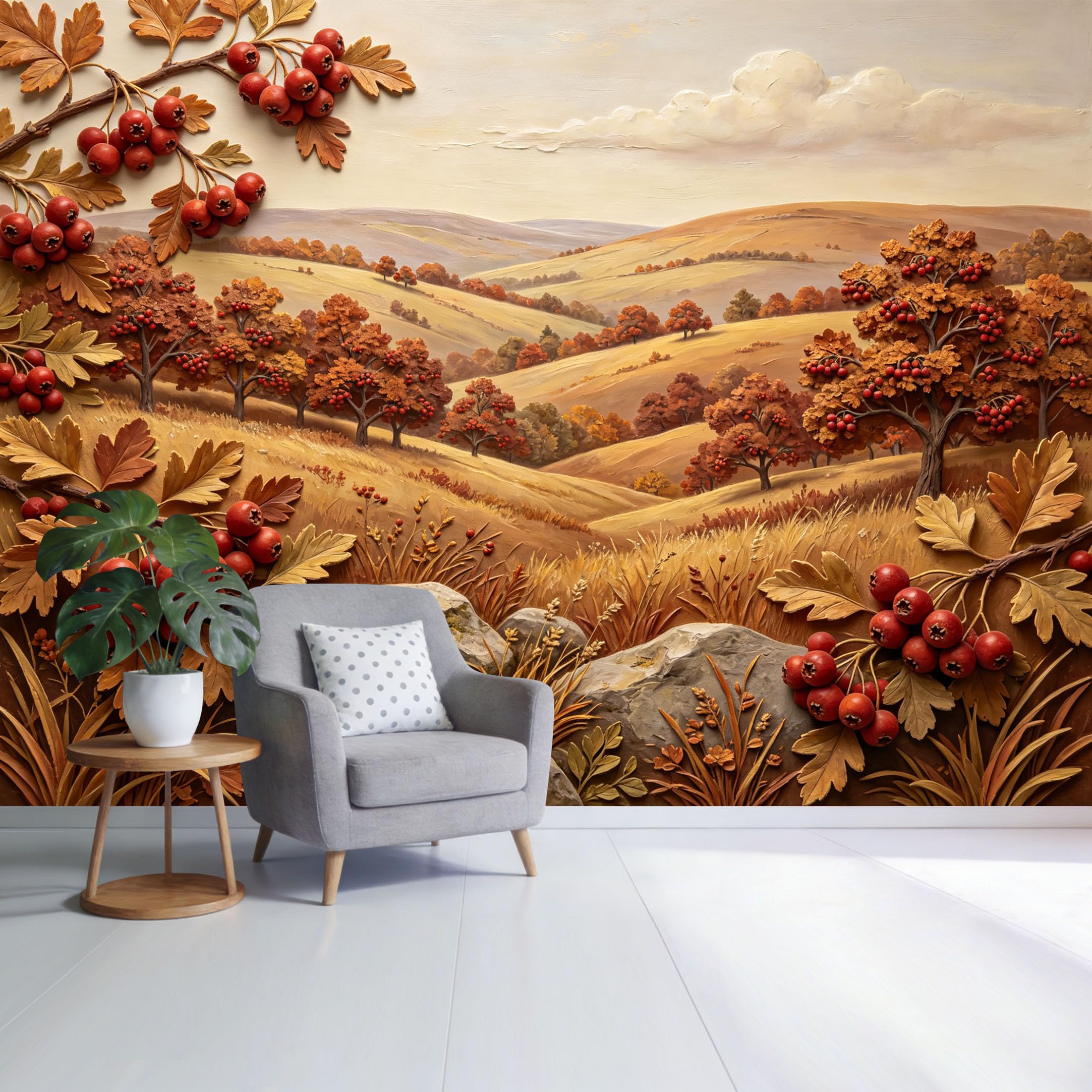 Custom Size Wall Mural Autumn Landscape Rolling Hills Red Berry Tree Botanical Scenic View SelfAdhesive Wall Fabric Removable Wallpaper for Home Office Decor