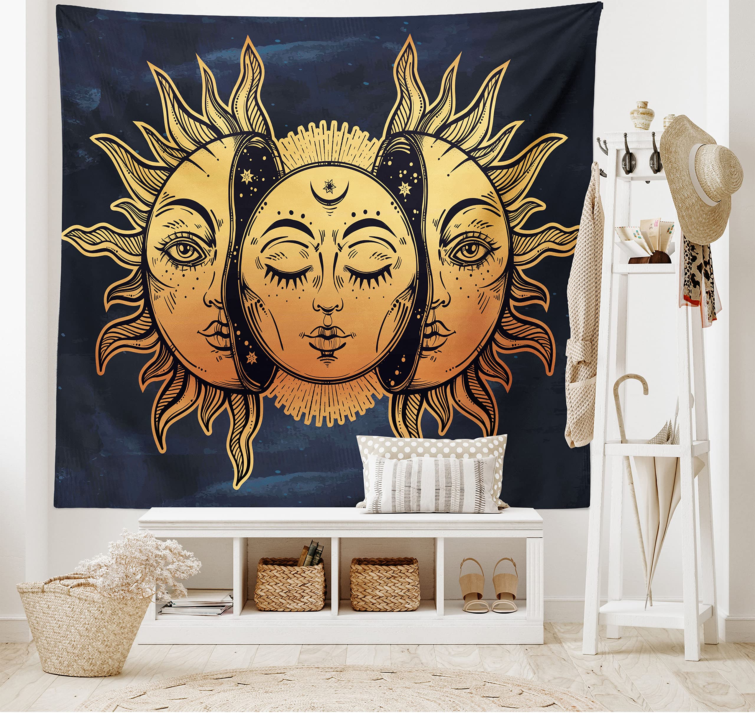 ABAKUHAUS Psychedelic Tapestry, Moon and Sun with Many Fractal Faces Celestial Energy Mystic Art Print, Fabric Wall Hanging Decor for Bedroom Living Room Dorm, 90 W X 54 L, Yellow Dark Blue โ image 1