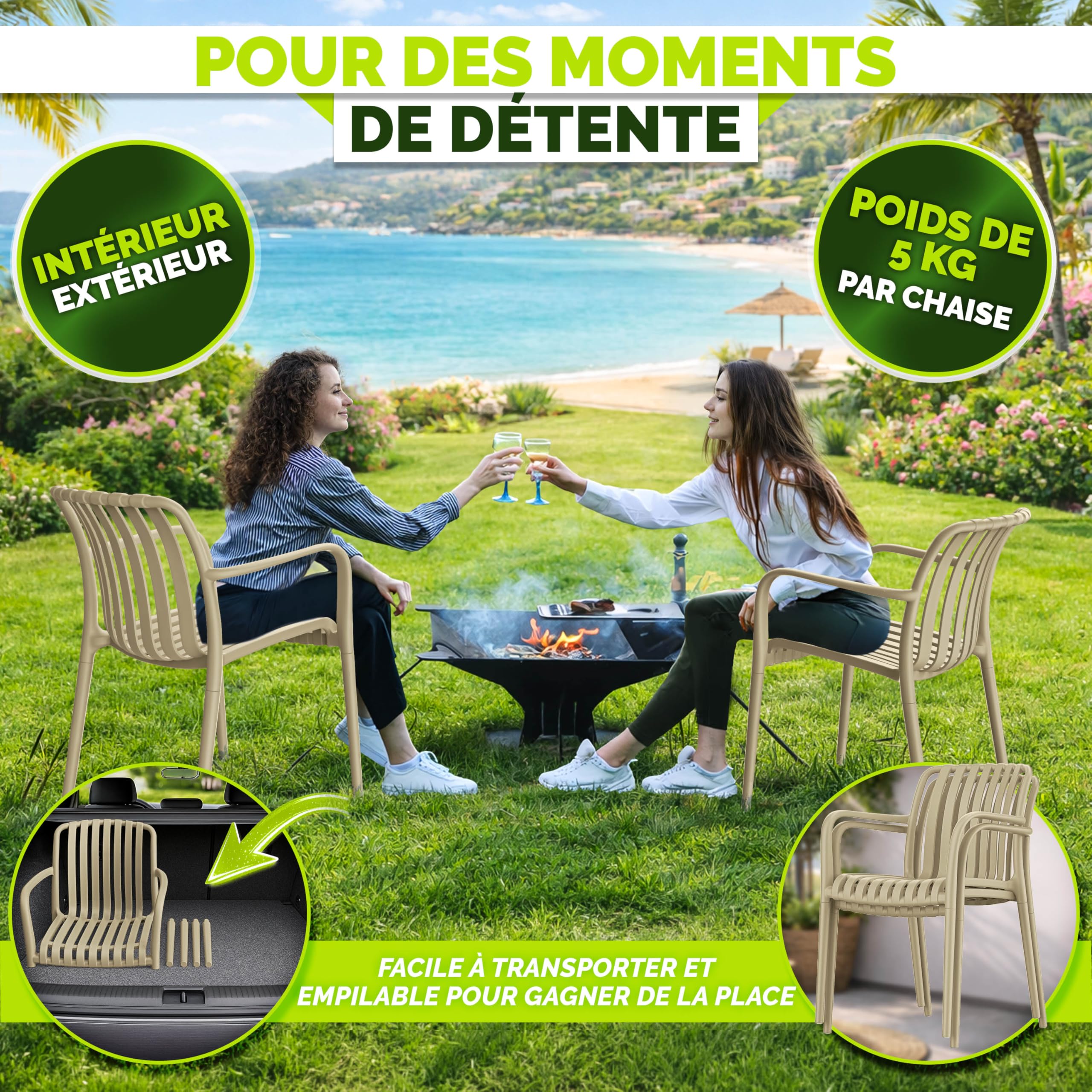 tillvex Lot de 4 chaises de Jardin, empilables, résistantes aux intempéries, avec accoudoirs, Charge maximale : 120 kg, pour extérieur, Balcon, Jardin, terrasse