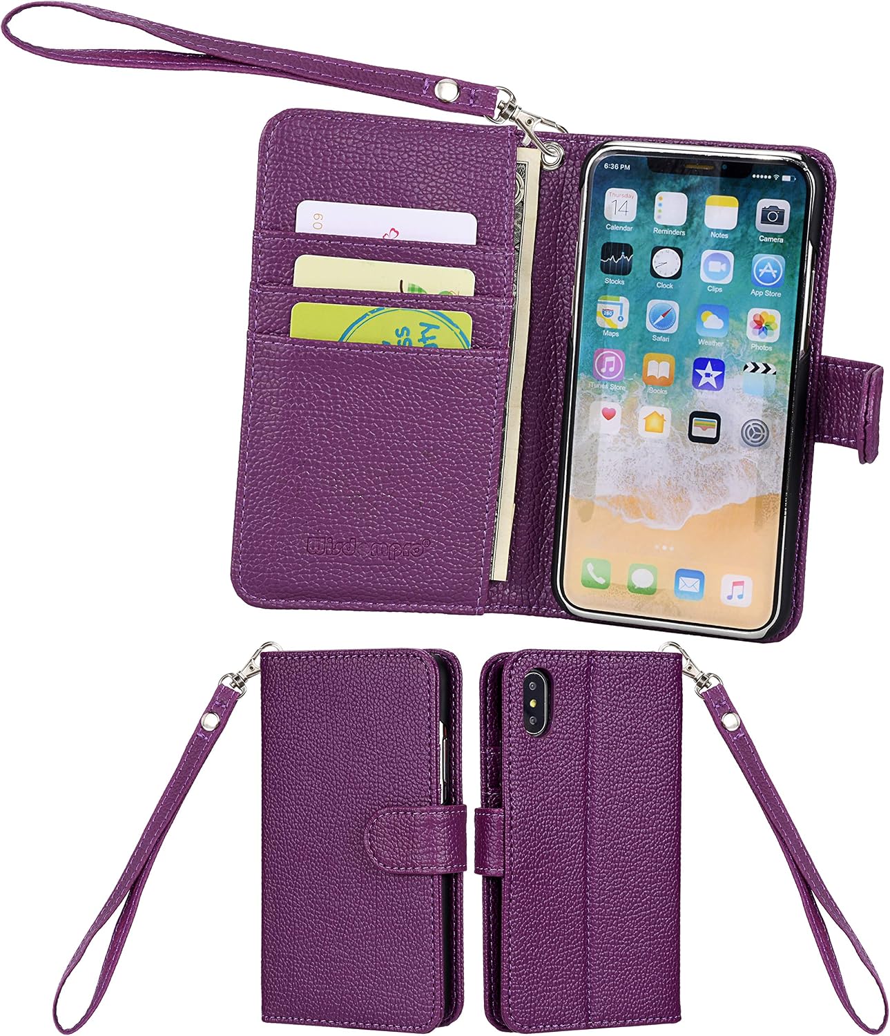 iPhone Xs Case, iPhone X Case, Wisdompro Premium PU Leather 2-in-1 Protective Folio Flip Wallet Kickstand Case with Credit Card Holder Slots and Wrist Lanyard for Apple iPhone X/Xs (Purple)