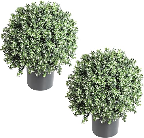 momoplant 2Ft Artificial topiaries Boxwood Topiary Ball Tree Front Porch UV Resistant Potted Plants Tree for Indoor Outdoor Home Garden (White