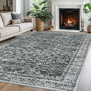 Moss Charcoal 6x9 Area Rug for Living Room, Large Washable Area Rugs for Bedroom, Soft Vintage Rug with Non-Slip, Non-Shedding Tribal Carpet for Farmhouse, Nursery, Playroom, Dining Room