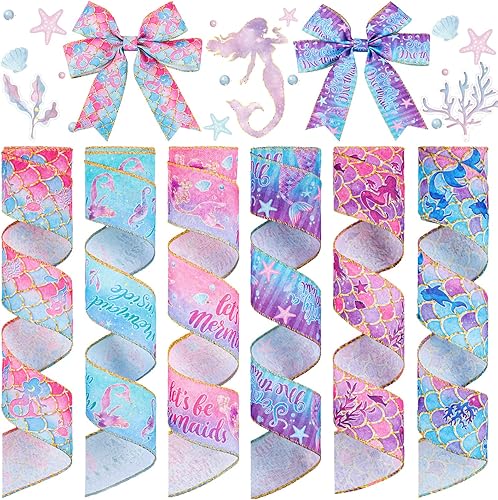 6 rollos de cintas de arpillera de sirena de 30 yardas, cinta de sirena impresa con alambre, cinta de lentejuelas láser de colores, cinta de