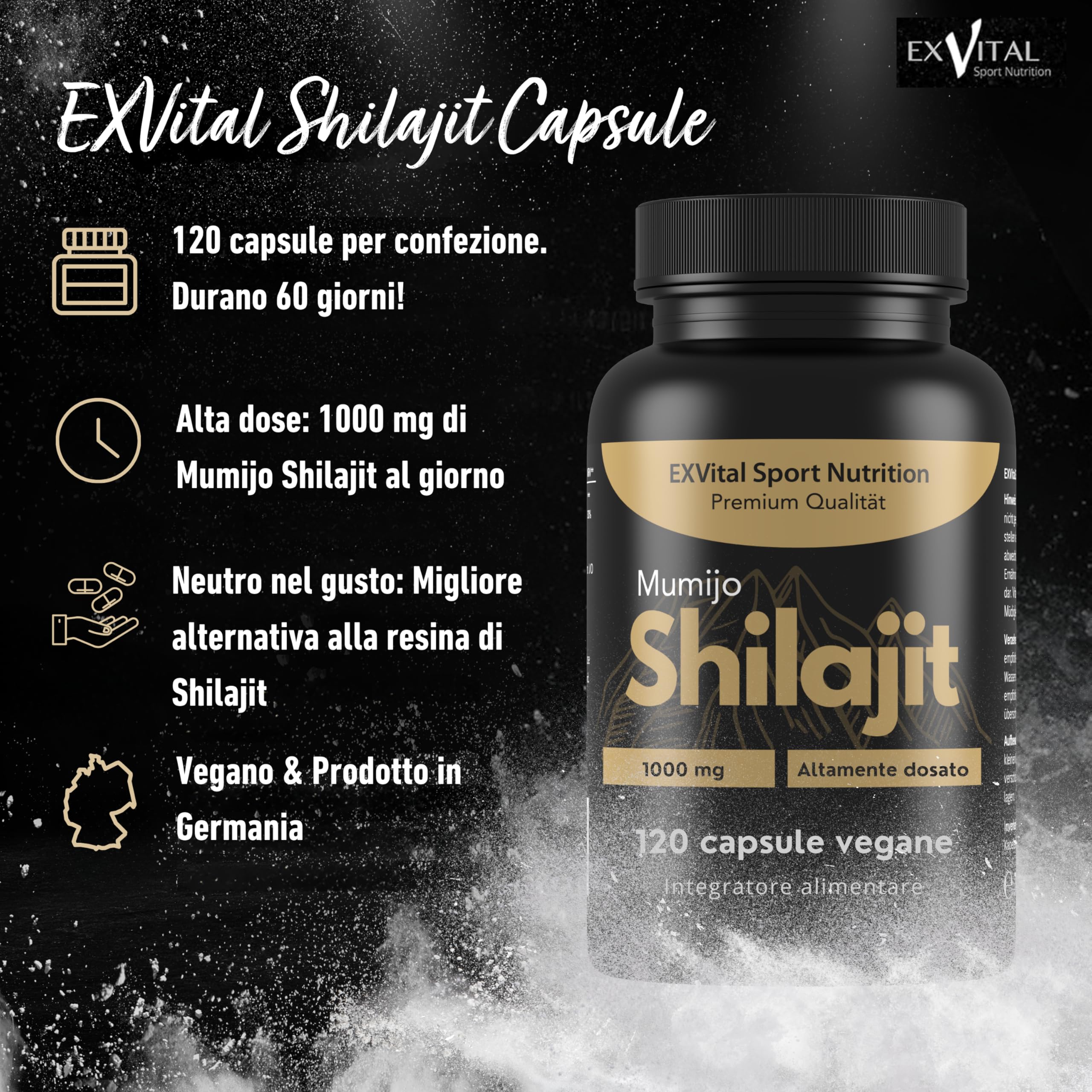 Mumijo Shilajit capsule, ad alto dosaggio 1000 mg per dose giornaliera, l’originale dell’Himalaya, 120 capsule, vegano e testato in laboratorio