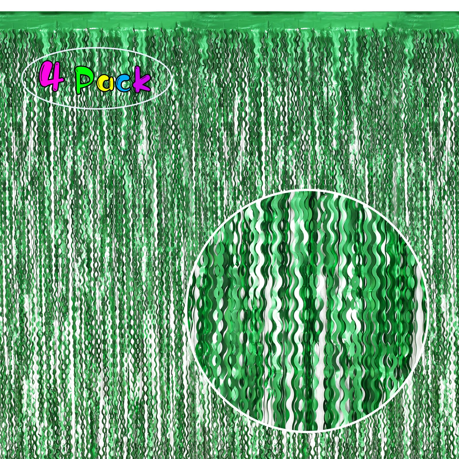 4Pcs Wavy Green Fringe Backdrop -3.3x6.6ft Green Streamer Foil Curtains for Jungle Party Decorations | St Patricks Day Decorations | Football Decorations | Xmas