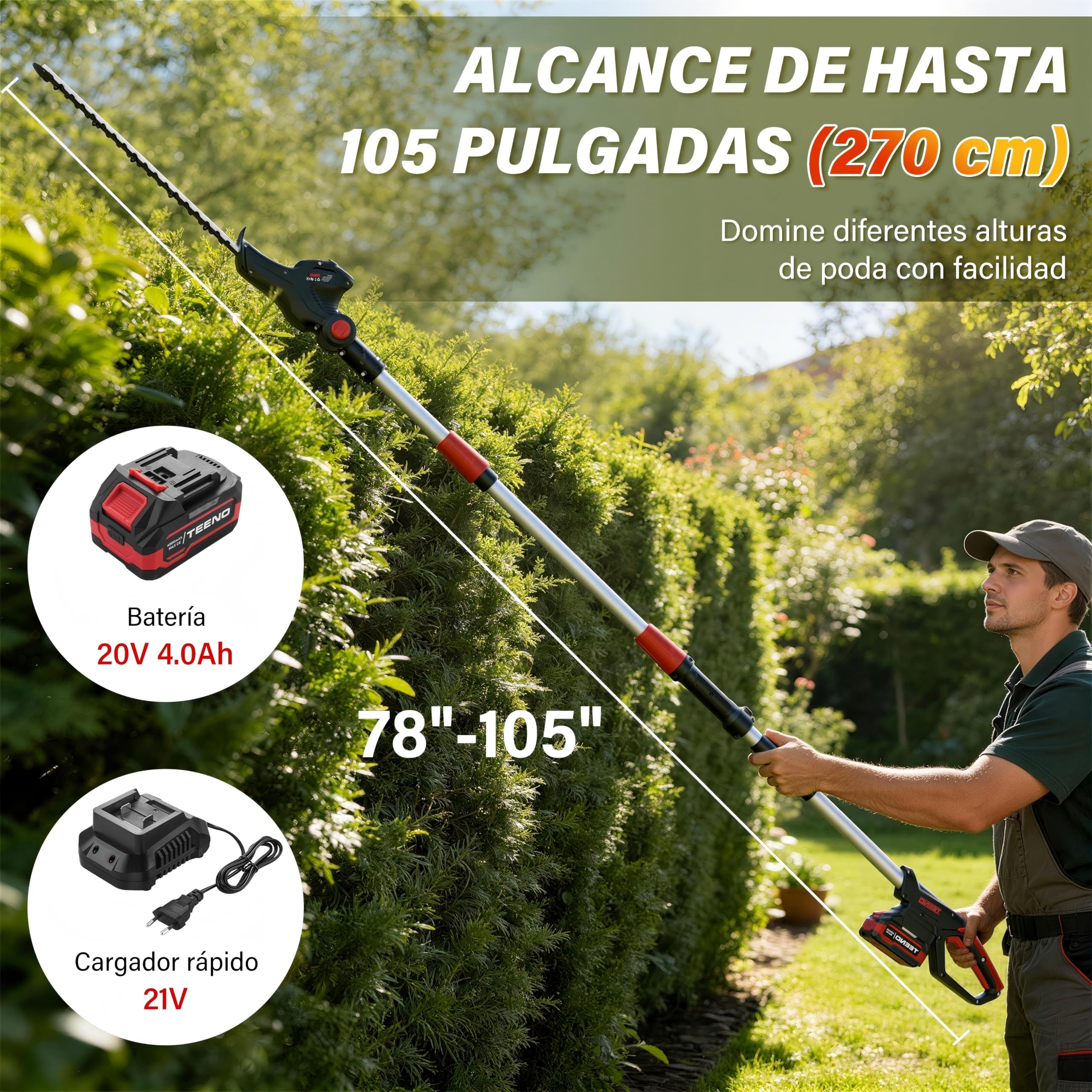 TEENO Cortasetos y Sierra eléctrica 2 en 1,Sierra y Cortasetos Pértiga a Batería con Correa Hombro,Barra Sierra 20 cm,Cortasetos 42 cm y Cuchillas Doble Acción,Incluye batería de 20V 4000mAh