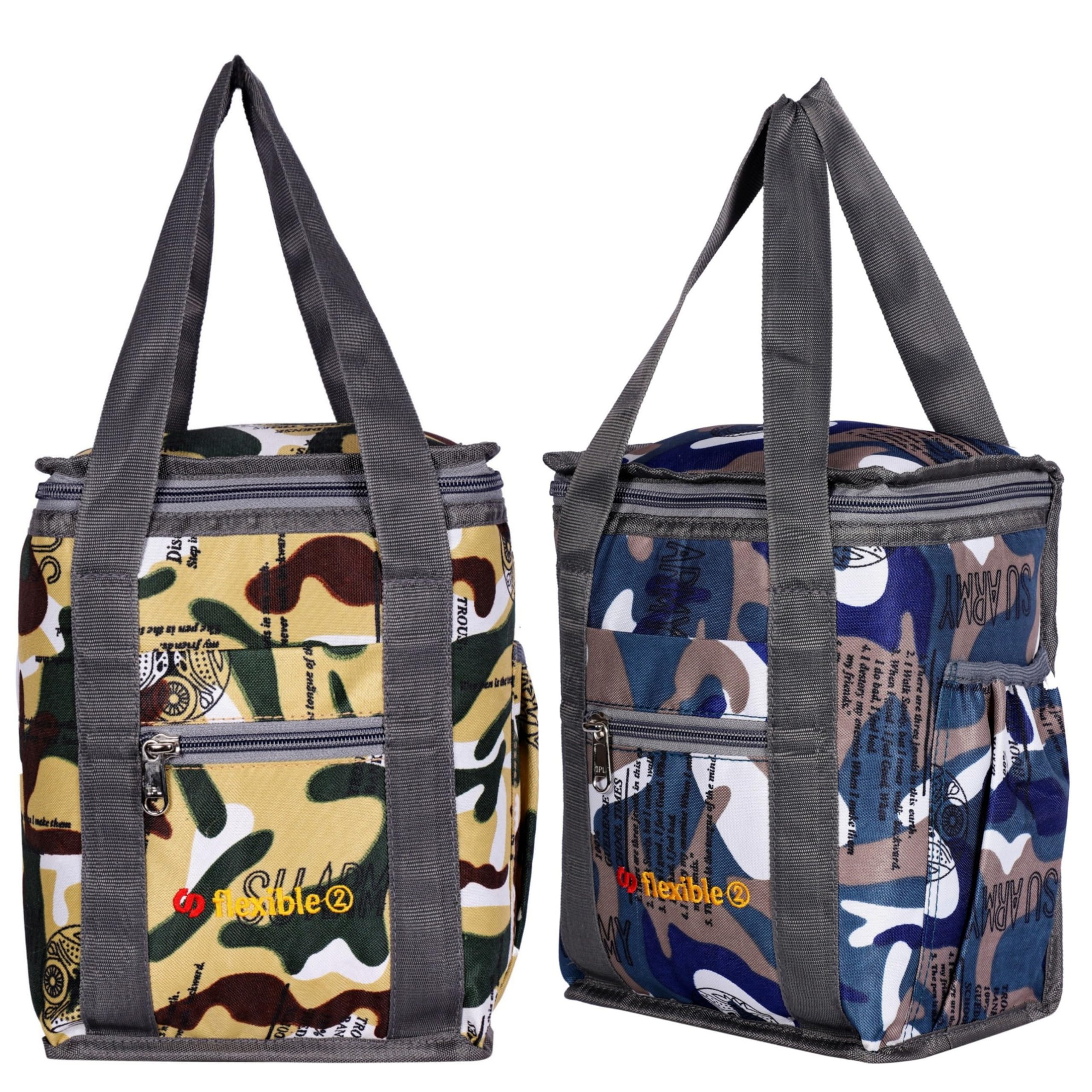 Flexible bags Polyester Hand Lunch Bag Medium Size Combo (Pack of 2) for Both Men and Women for Office,School, College, Picnic |Navy Blue & Beige/10Liters|