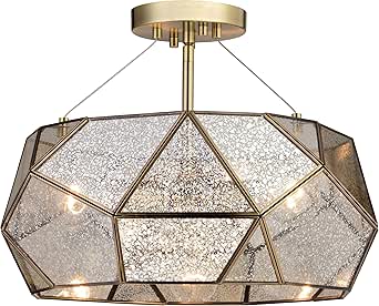VAXCEL Euclid 16-in W Gold Aged Brass Contemporary Geometric Semi Flush Mount Ceiling Light Fixture with Silver Mercury Glass Shade