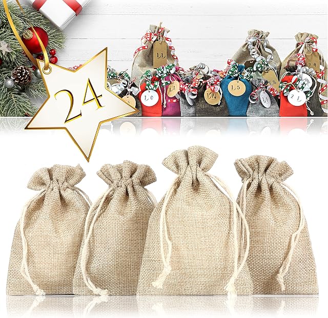 Woreczki z juty | worek jutowy | zestaw 24 sztuk do kalendarza adwentowego z opakowaniem prezentowym, 13 cm x 9,5 cm, worek jutowy, worek materiałowy, naturalne woreczki na prezenty, worek, kolor jasnobrązowy