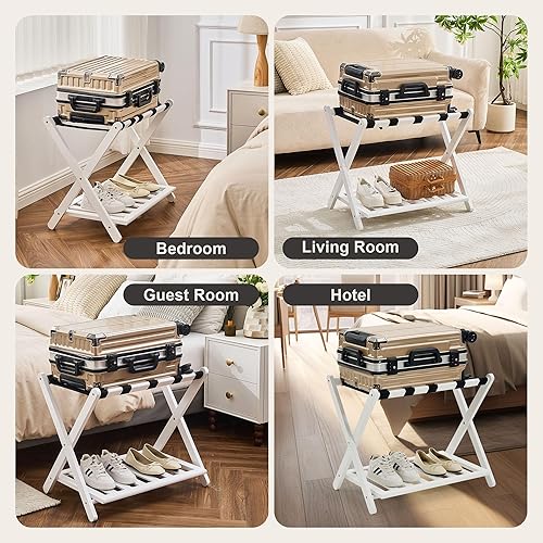 Miniatura 8 de Bastidores de equipaje totalmente montados, paquete de 2, soporte plegable de bambú mejorado para maleta con 5 correas de nailon, soporte de