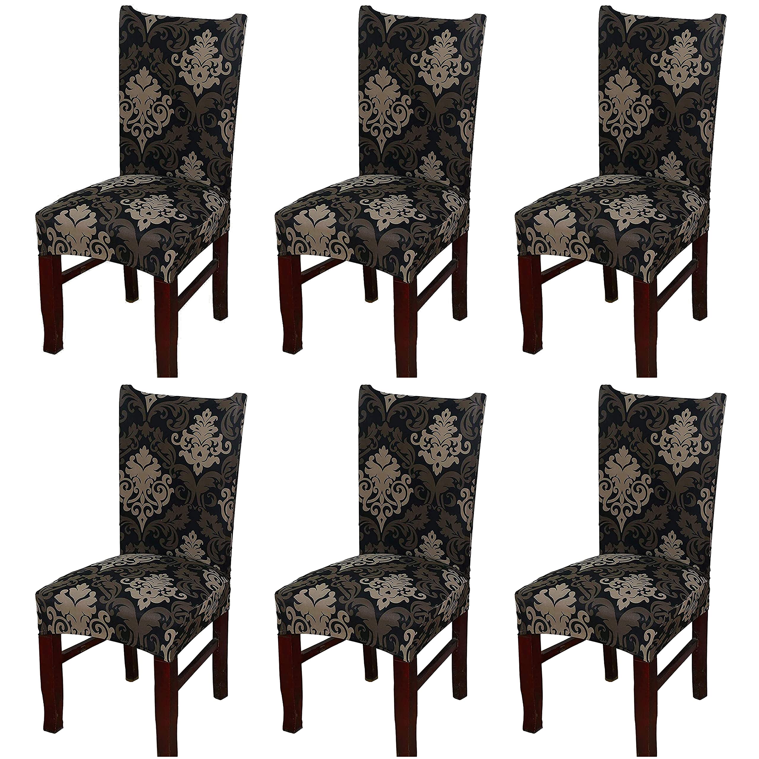 House of Quirk Elastic Chair Cover Stretch Removable Washable Short Dining Chair Cover Protector Seat Slipcover (Pack 6, Black Brown Motif),Polyester-image-27
