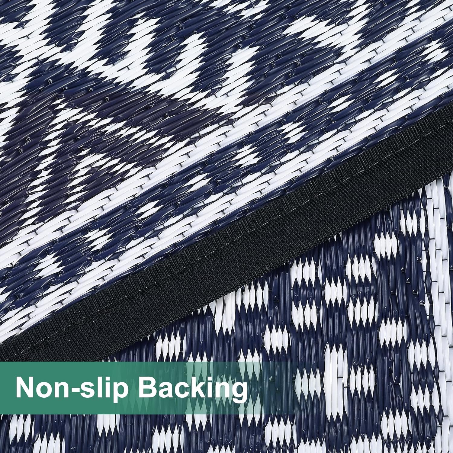 Garvee Outdoor Rug, Outdoor Plastic Straw Rug, Outdoor Rugs 9x12 for Patios Clearance Waterproof Patio Rug, Camping Rugs for Outside Rv, Grey Recyclable Woven Rugs for Yard, Deck, Dark Blue + White