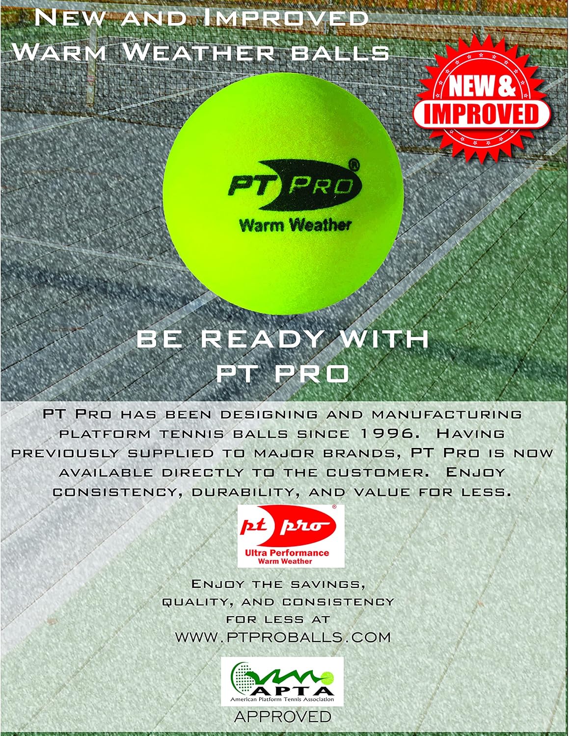 PT Pro New Ultra Dura Platform Tennis Summer Balls, 18 Balls, 6 Sleeves