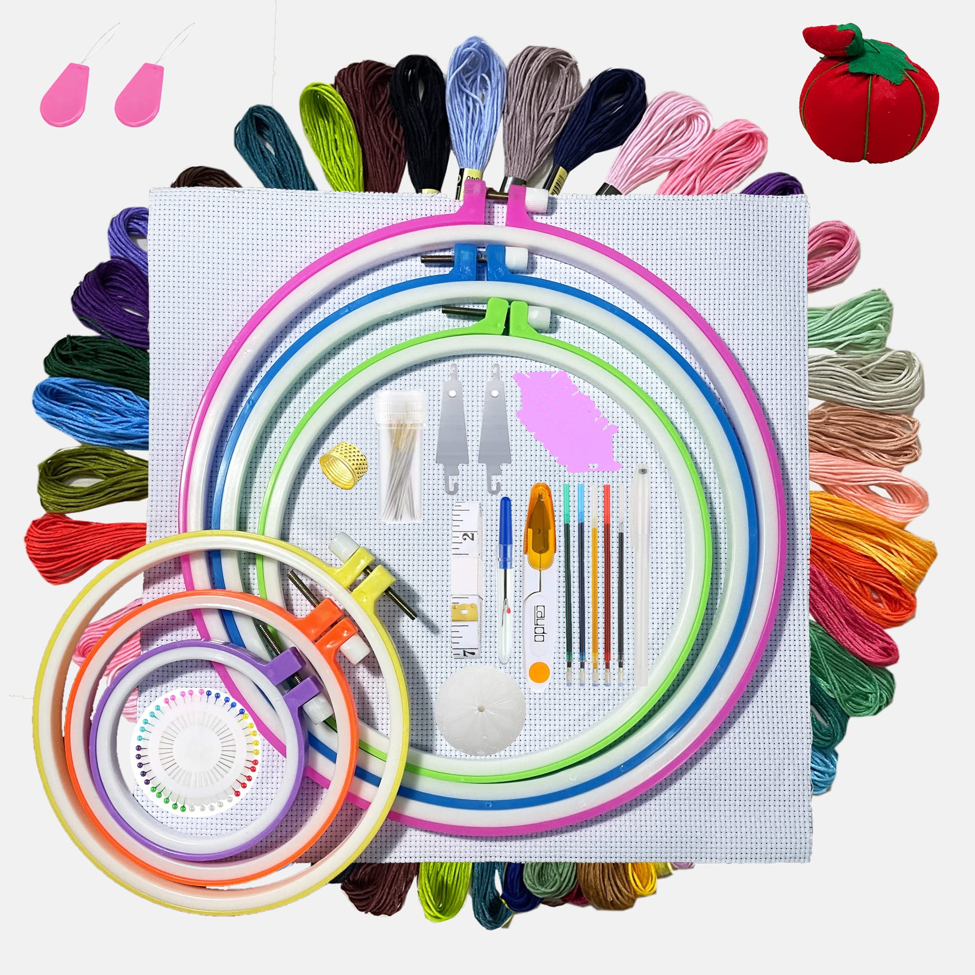 ONESHAW Embroidery Kit with Pattern for Beginners, 10 Pack Cross Stitch Kit, Embroidery Hoops,Scissors,Needles and Color Threads,Needlepoint Kit for Adults Kids (50 Threads Colorful Hoops Kits)