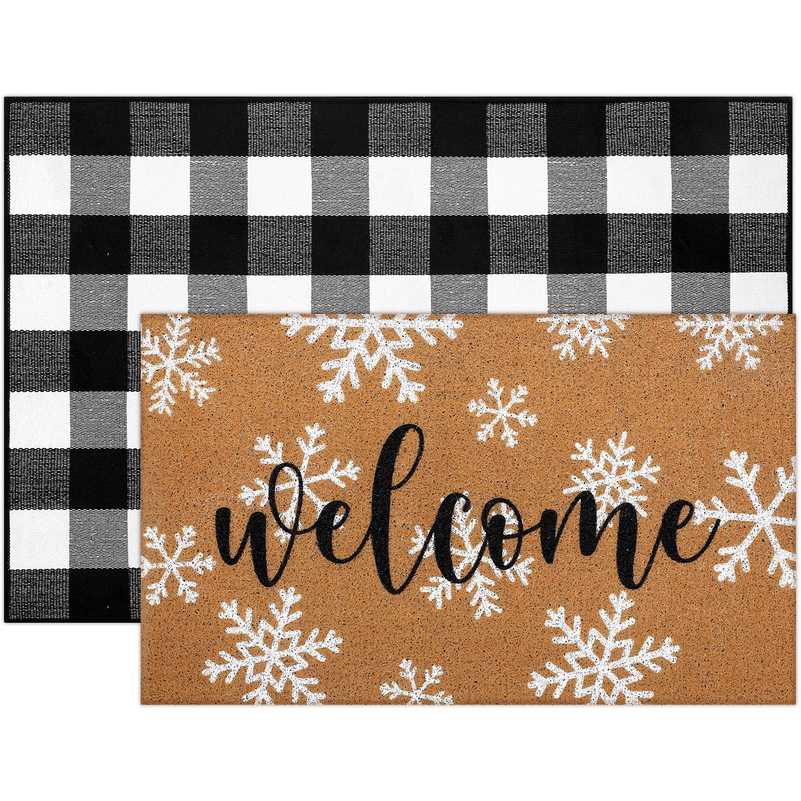 Tinideya 2 Pcs Winter Door Mat Outdoor Snowflake Welcome Mats for Front Door Non Slip Winter Coir Doormat Layering Black White Check Rug for Outside