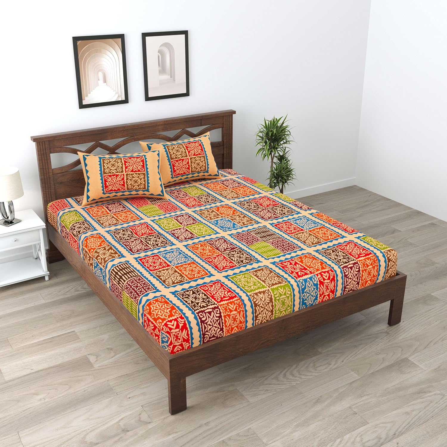 100% Pure Cotton Jaipuri Sanganeri Print Bedsheet Set with Two Pillow Covers Queen Size 90 x 100 inch Double Bed Sheet (Design-53)