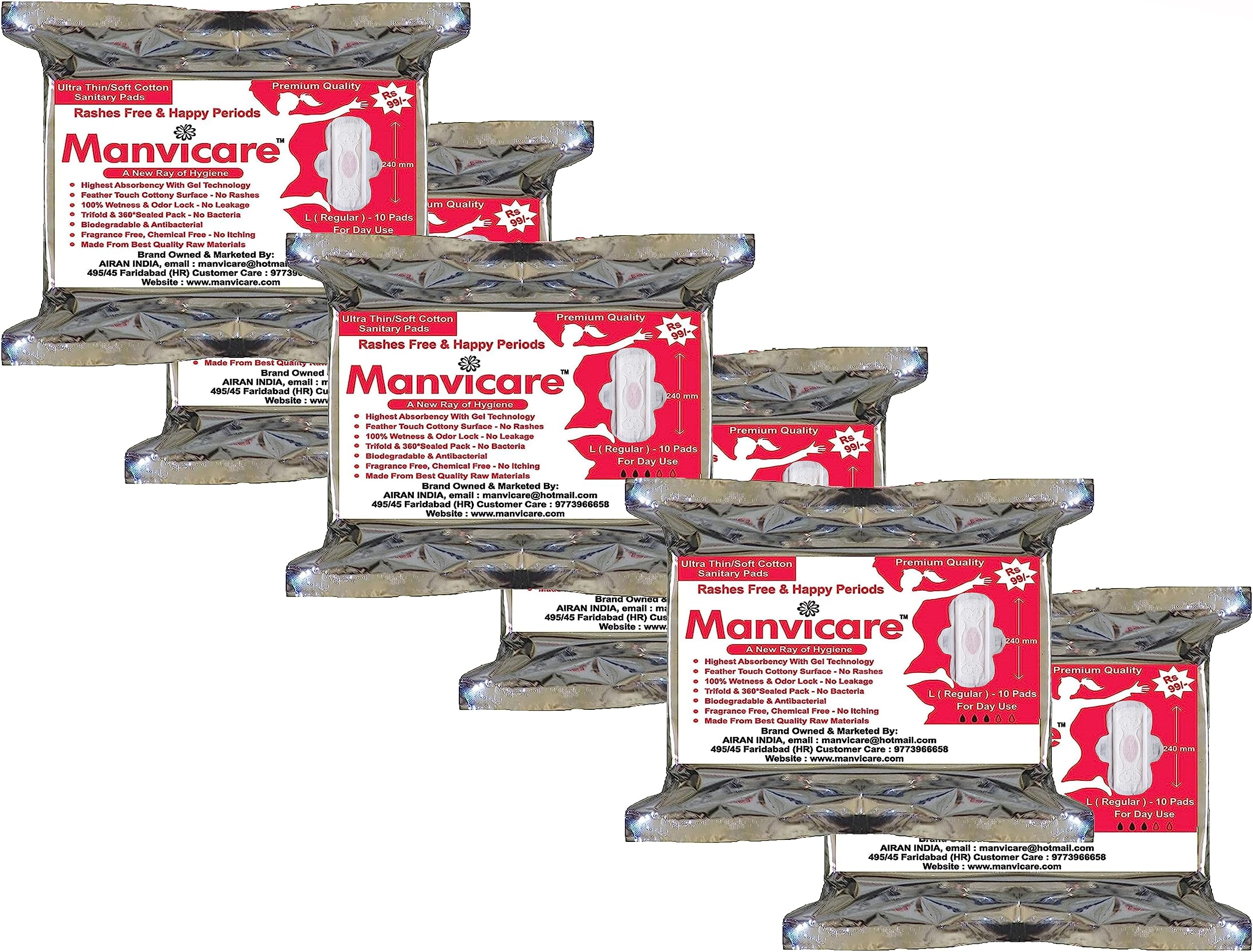 Manvicare Biodegradable Anion Cotton Sanitary Pads for Women - 60 Sanitary Napkins - Large (Regular)