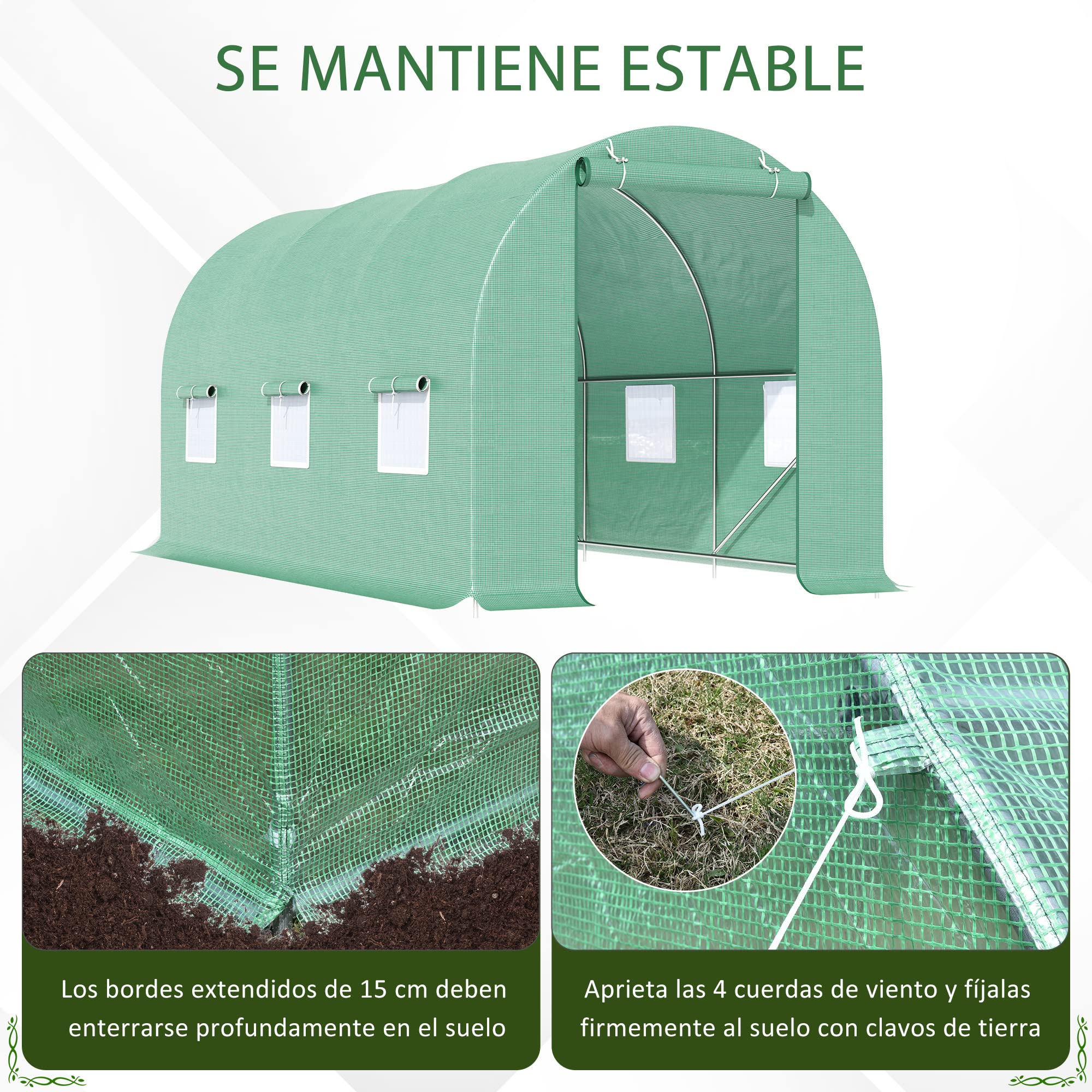 Outsunny Invernadero de Exterior 4,45x2x2 m Invernadero de Túnel con Cubierta de PE 140 g/m² para Cultivo Plantas Verduras Frutas en Jardín Terraza Verde