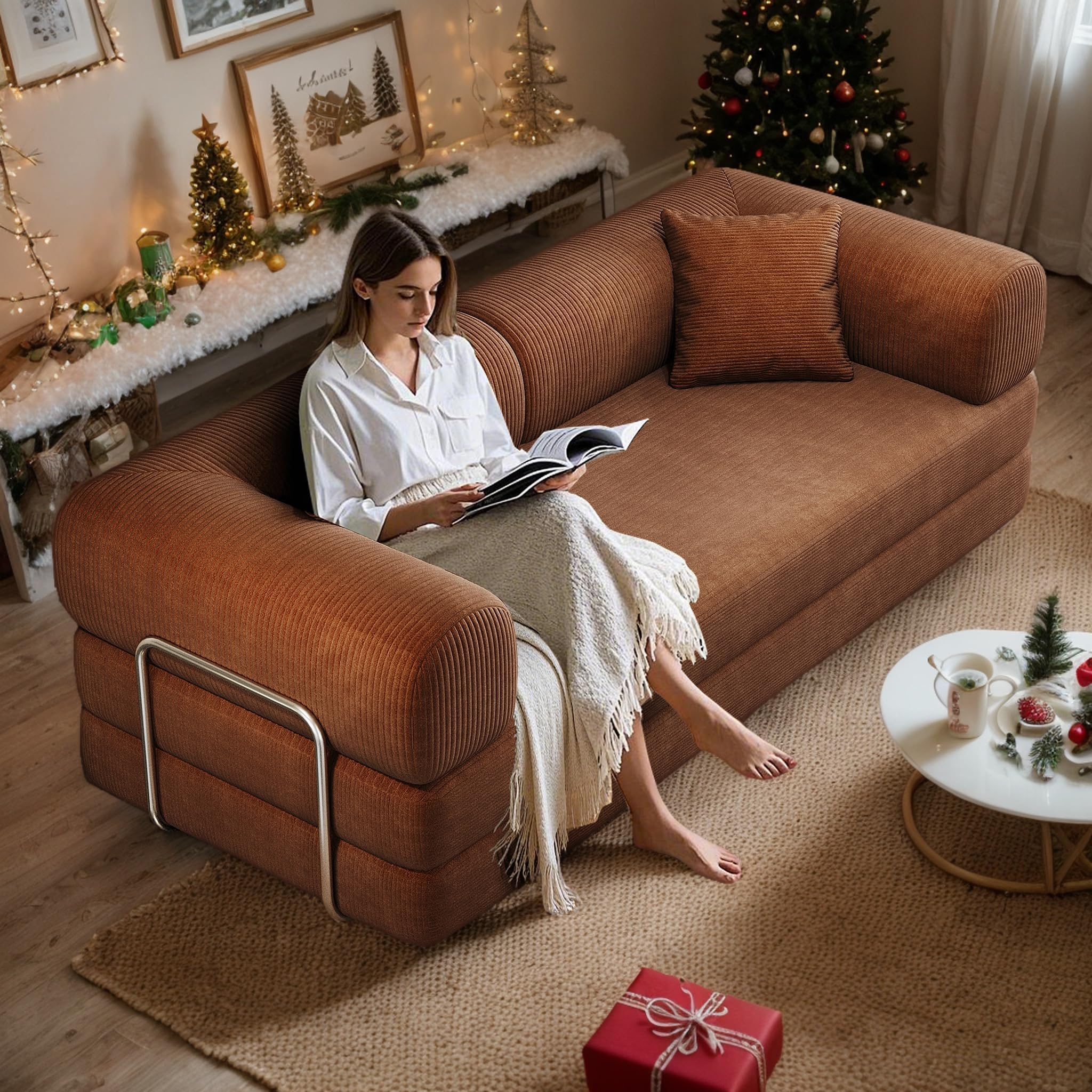 78.8" Corduroy Convertible Sofa Bed with Stainless Fixed-Shape Frame, 4-in-1 Boneless Loveseat with Pull-Out Bed, Lounge Futon Sofa Couch Floor Mattress for Living Room, No Assembly Required(Brown) | Compression, Breathable material, Cloudy
