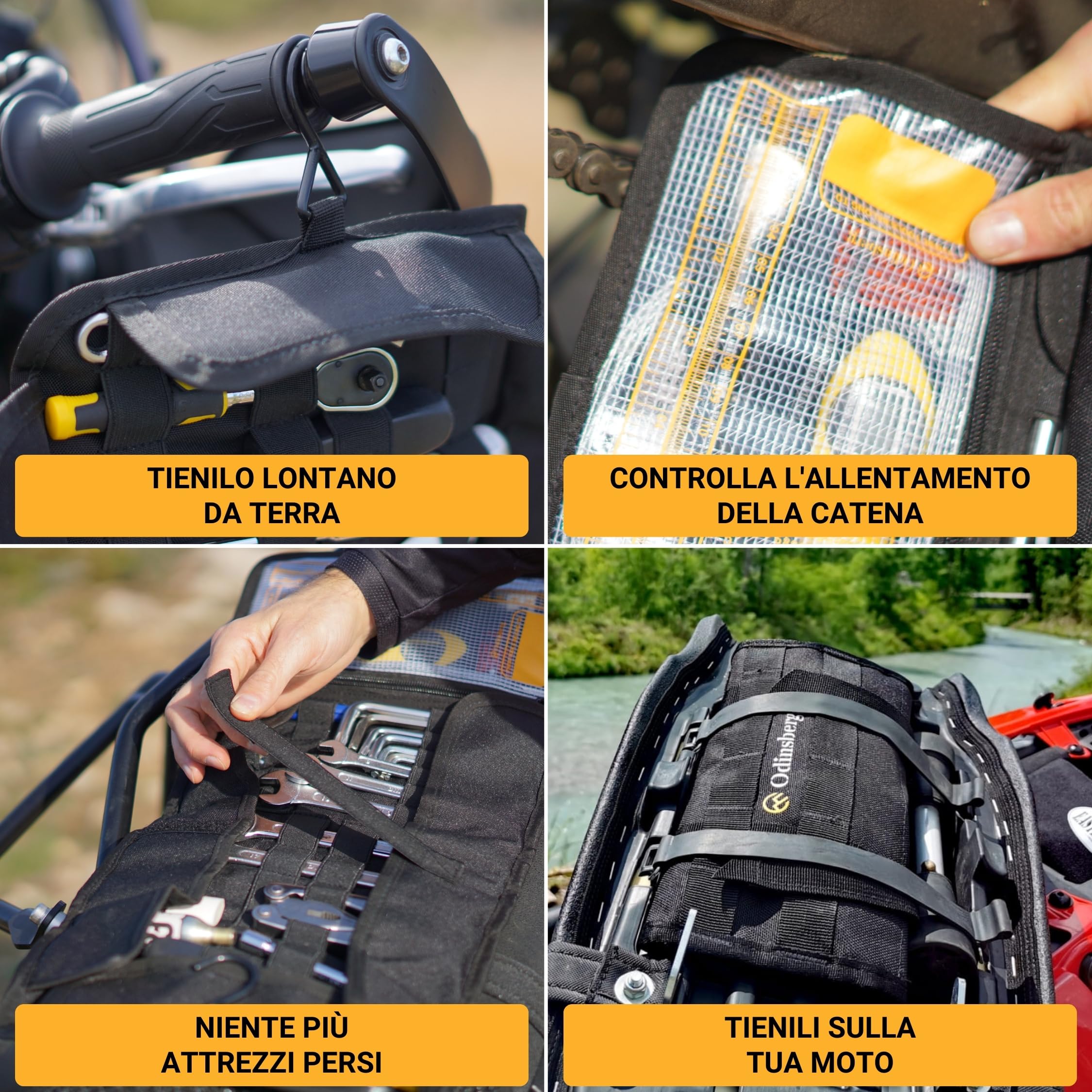 ODINSBERG Borsa Porta Attrezzi Moto Arrotolabile - Attrezzi NON Inclusi - Borsello Moto con 56 Elastici, Tasca, Sistema MOLLE e Doppia Chiusura per Proteggere e Organizzare il Kit di Attrezzi