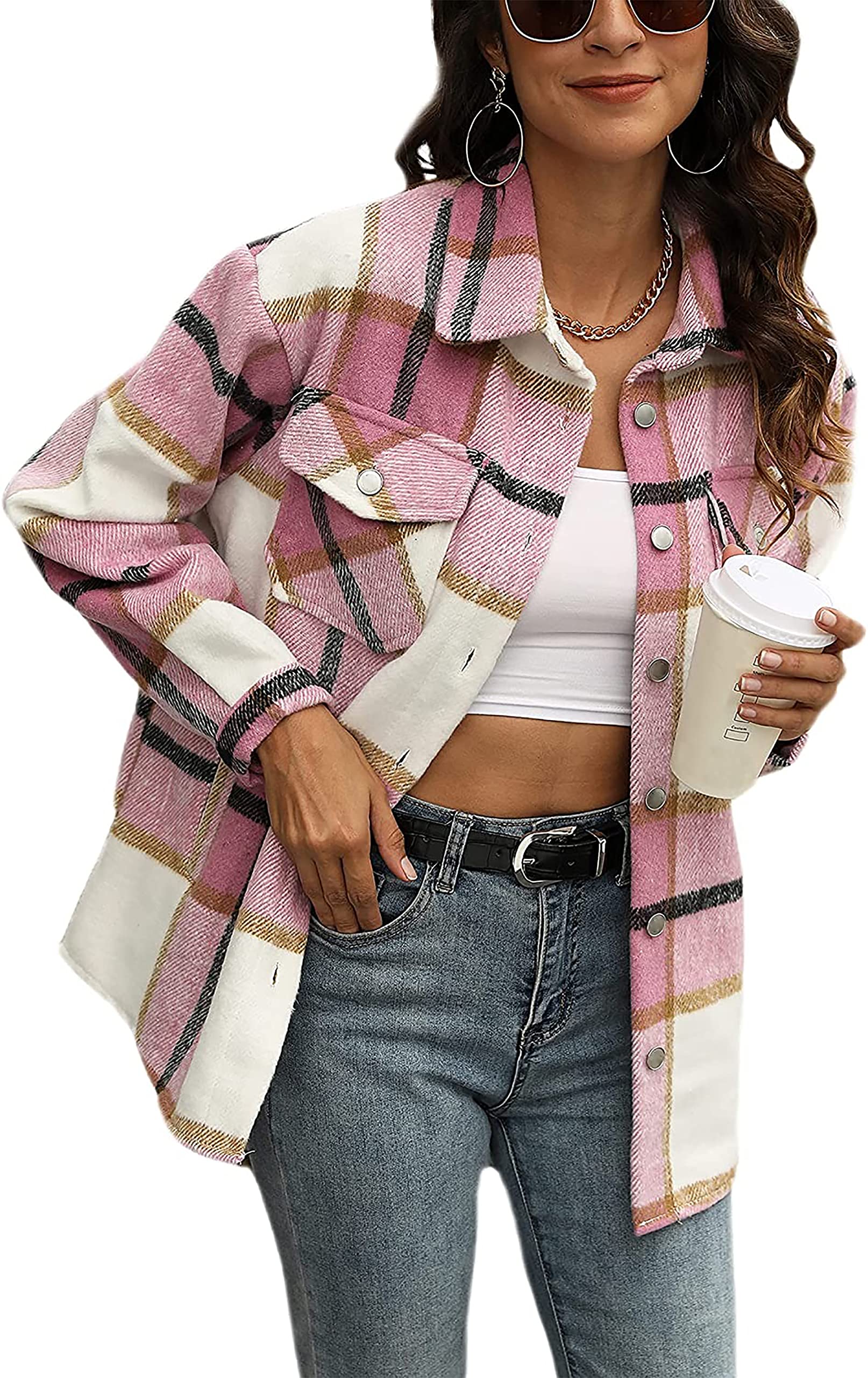 Timuspo Chaqueta de camisa de franela a cuadros de manga larga de algodón con solapa con botones para mujer