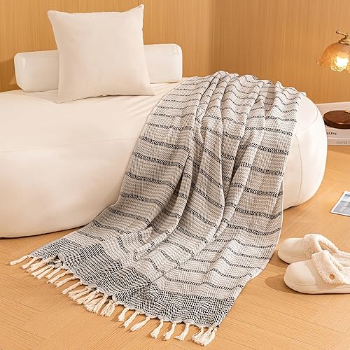 Miniatura 6 de Peshtemania Manta bohemia de algodón de alta calidad, 50 x 60 pulgadas, color gris, blanco y negro, para cama, sofá, exterior, granja, turca, para