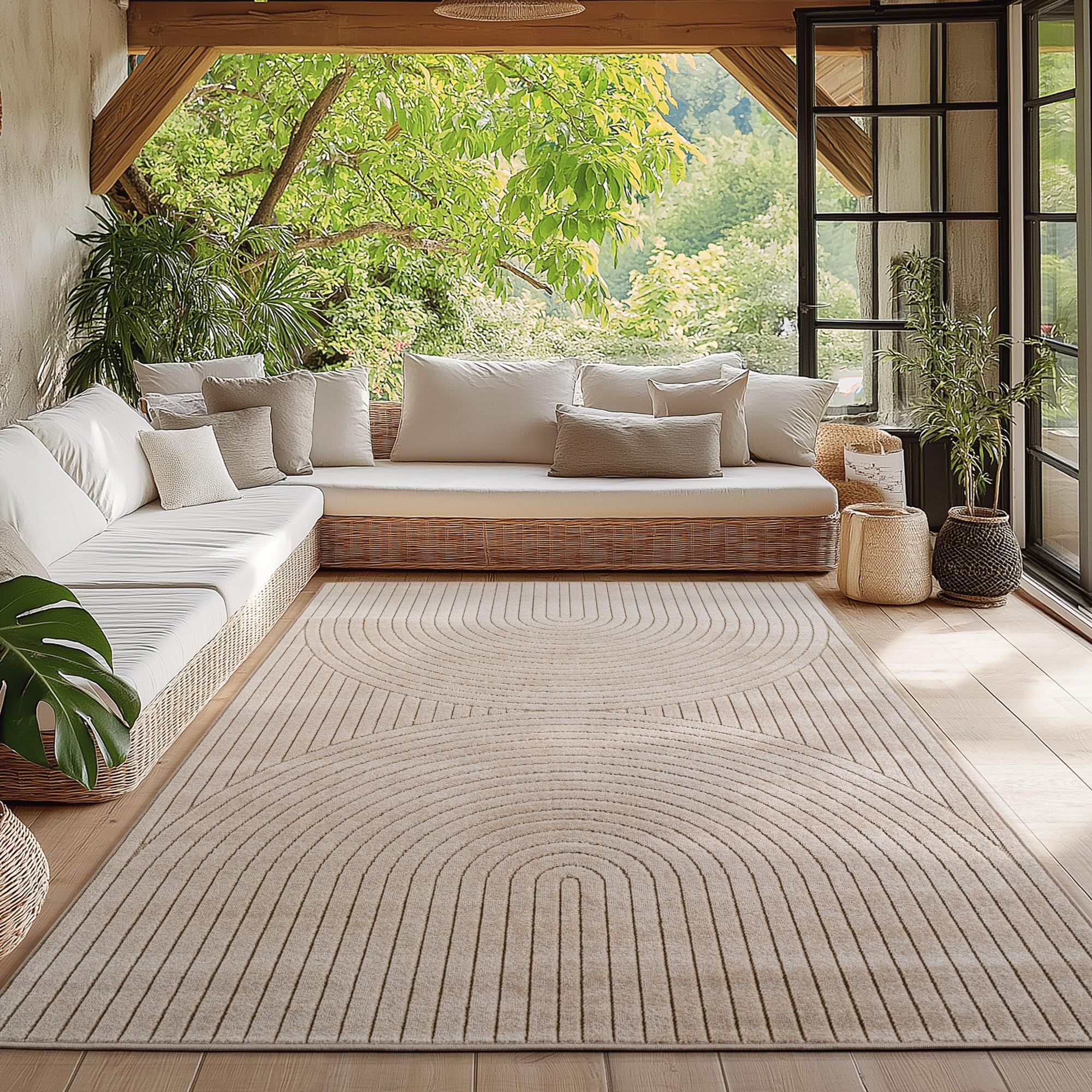 HomebyHome Kurzflor Teppich Wohnzimmer Schlafzimmer 3D Hoch-Tief-Effekt, Skandinavisch Boho Motiv, für Outdoor Bereich geeignet Terrassen oder im Balkon