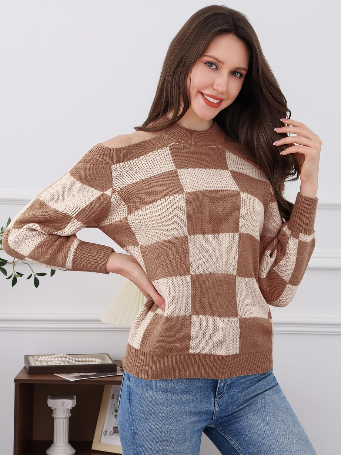 LemonGirl Off Shoulder Sweater Women Checkered Knit Pullover Round Neck Long Sleeve Autumn Casual Top - Image 6