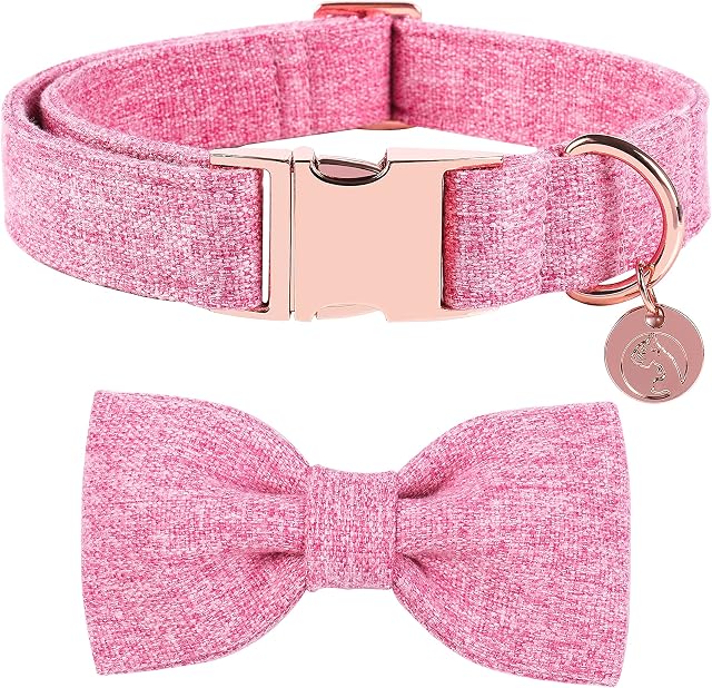 DOGWONG Cotton Dog Collar with Bow Pink Pet Collar Durable Adjustable for Medium Dogs