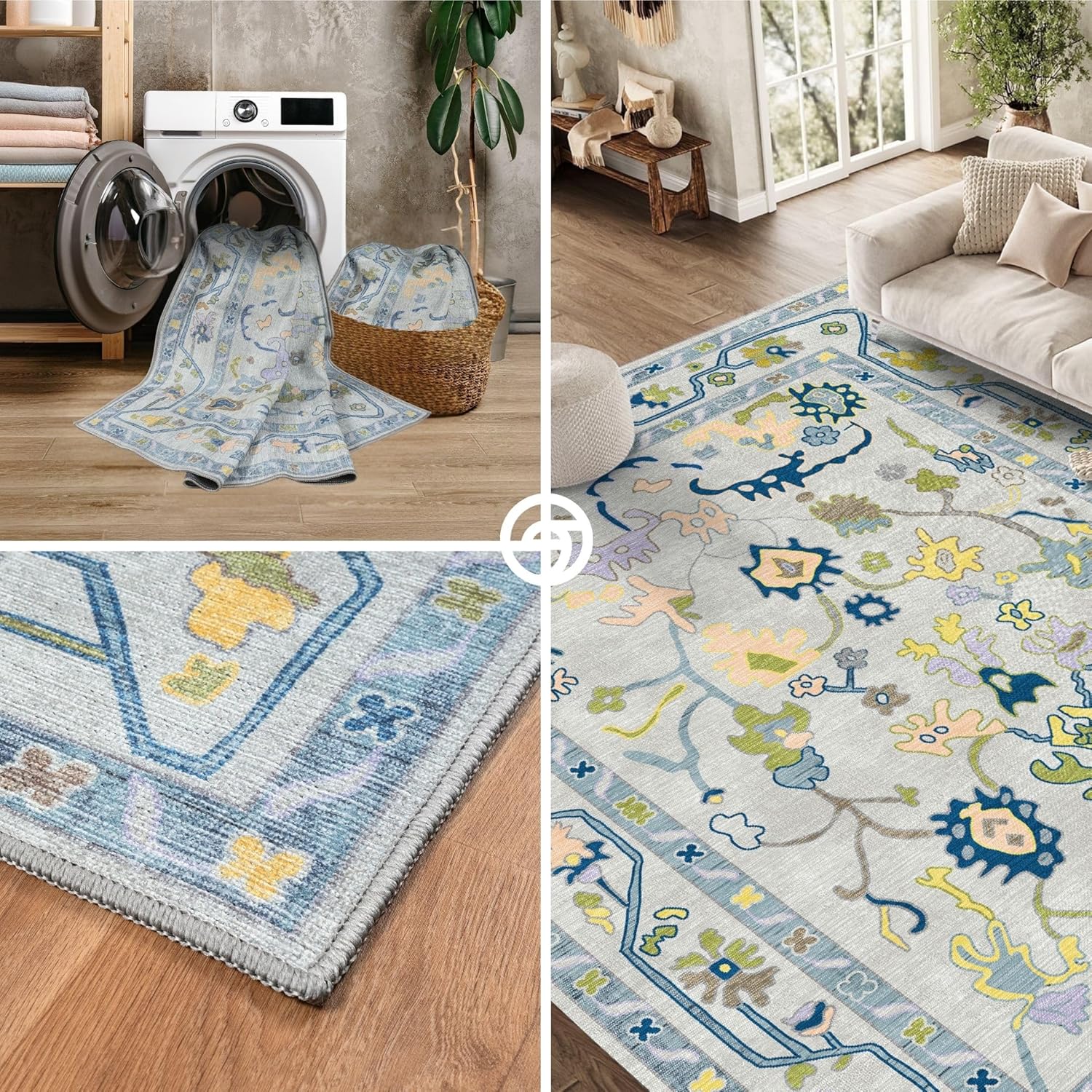 Blue Oushak Runner Rug Hallway 2'5x7' - Traditional Washable Vintage Turkish Pastel Runner Rugs with Rubber Backing, Short Runner Rug for Entryway, Laundry, Bedroom, Kitchen, Bathroom