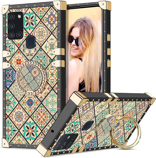 Coolden for Samsung A21s Case with Ring Kickstand Shockproof Square Case for Women Girls Metal Decoration Corner Back Soft TPU Protective Case Phone Case Cover for Samsung Galaxy A21s (Retro Flower)