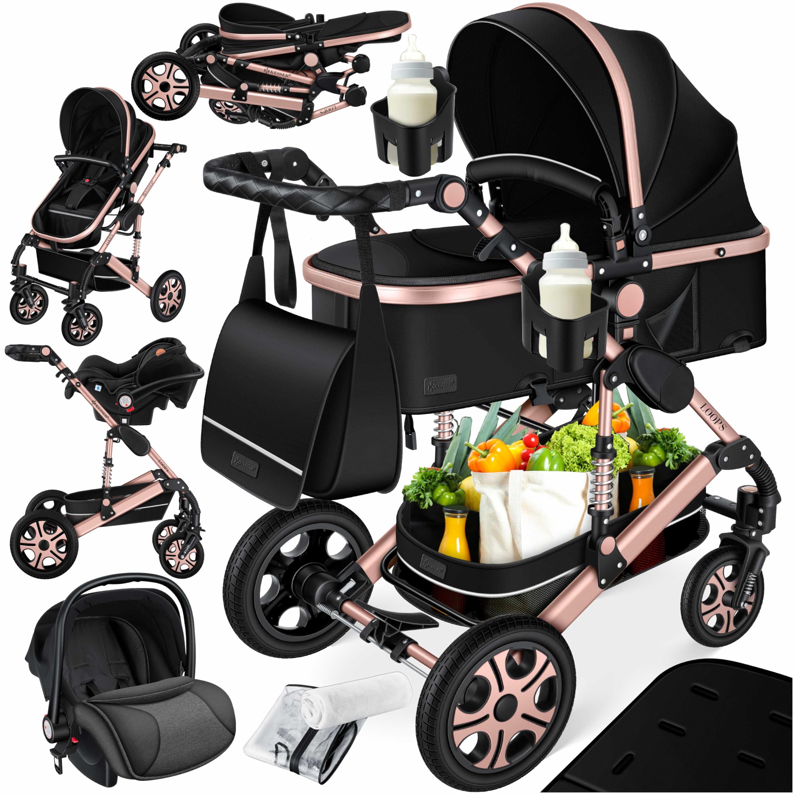 KESSER® Loops 4 in 1 Kinderwagen Kombikinderwagen Komplett-Set inkl. Babywanne & Buggy Sportsitz & Auto-Babyschale Voll-Gummireifen Wickeltasche Regenschutz Kindertisch ECE R129, Schwarz/Rosé Gold