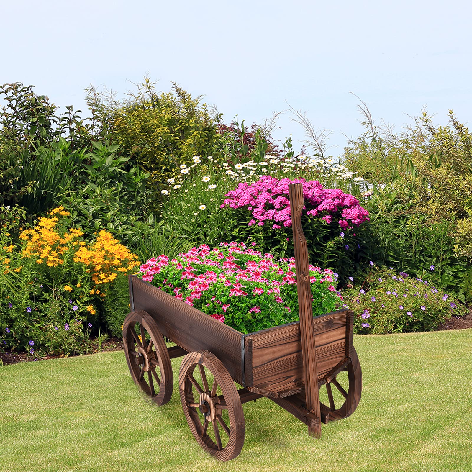 GOPLUS Brouette à Fleurs en Sapin Carbonisé avec Poignée Réglable et 4 Roues,Chariot à Fleurs avec Trou de Drainage, Idéal pour Patio, Jardin, Terrasse, 120 x 43 x 53,5 CM, Marron