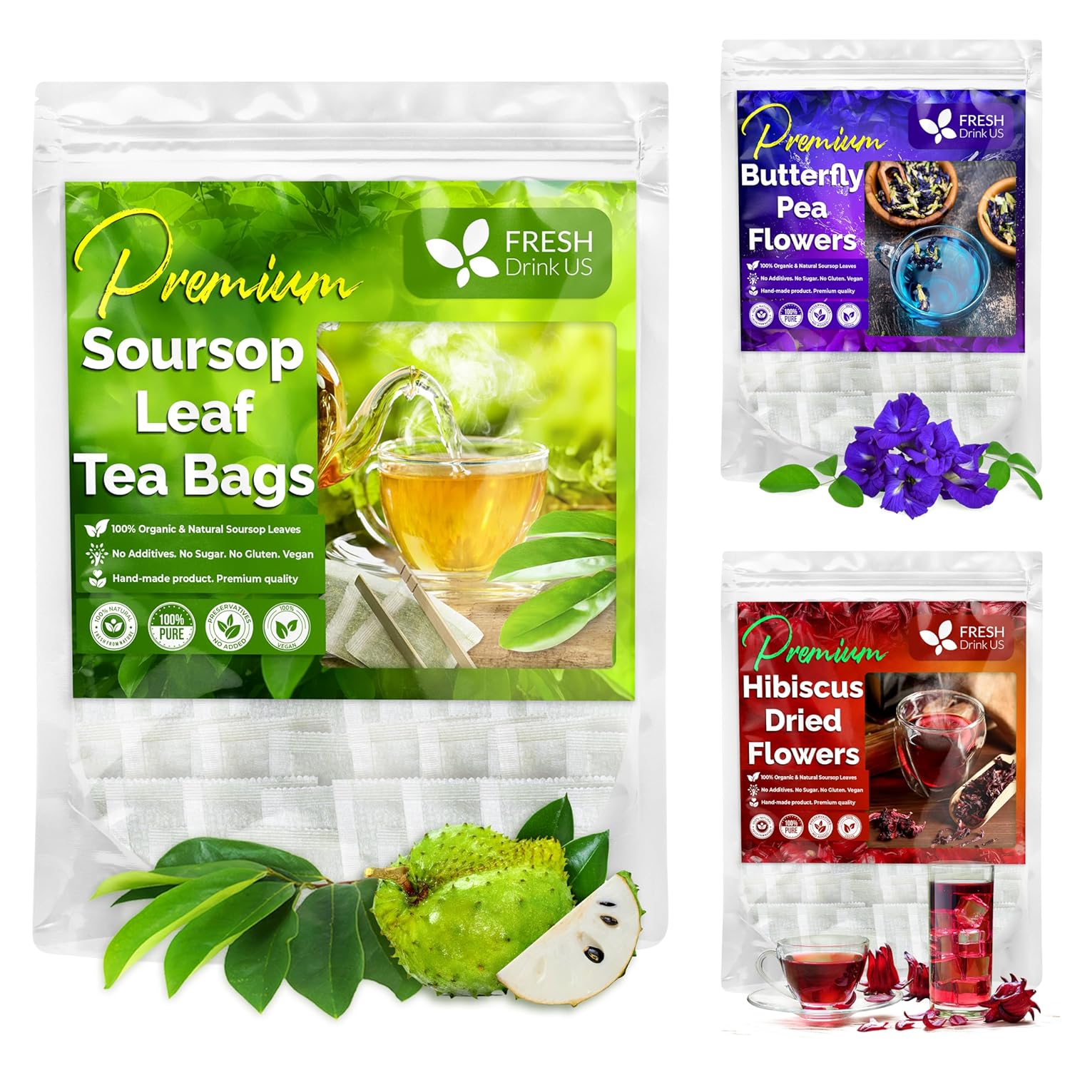 RELAXING PREMIUM TEA, Soursop + Hibiscus + Butterfly Pea Flowers Tea, Boost -Relax - Enjoy Lovely Tea, Non GMO, Gluten Free, Sugar Free, Caffeine Free