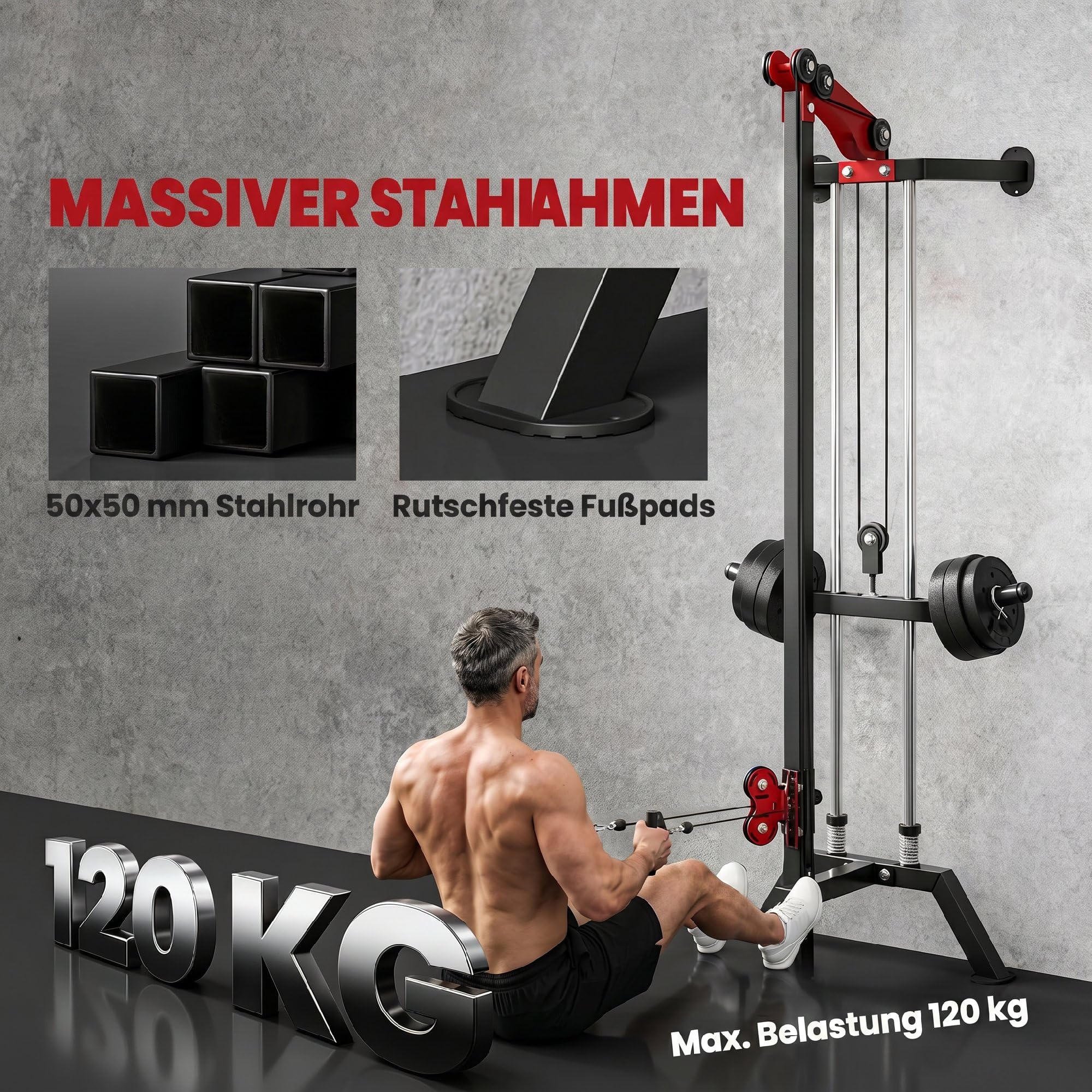 SPORTNOW Latzugstation 16-Fach Verstellbar zur Wandmontage Latzugturm inkl. Latzugstange Griffstange Seilzug Latzugmaschine bis 120kg Fitnessstation Kabelzugstation Latzug-Station Kraftstation