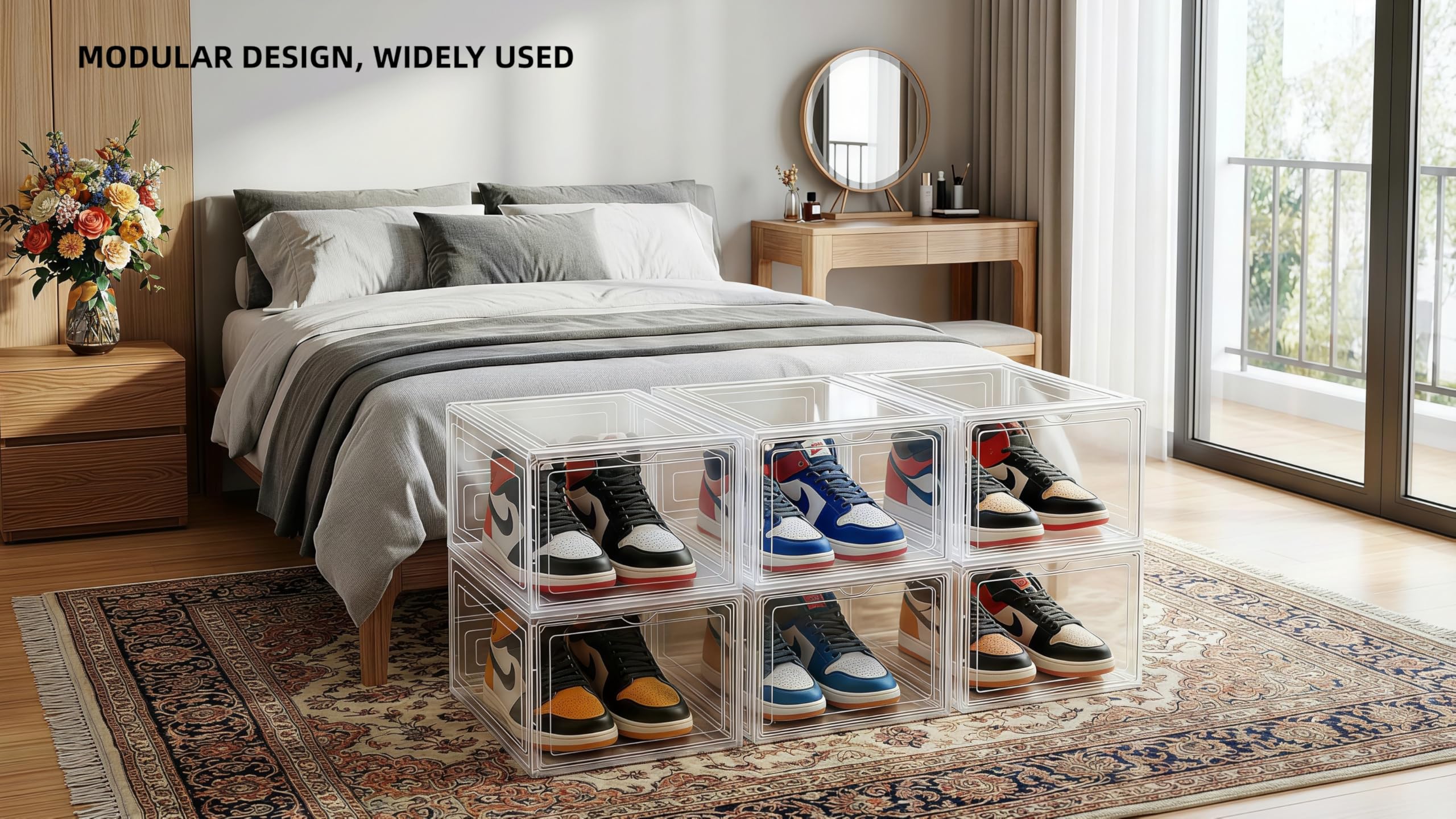 Paquete de 10 organizadores de zapatos para armario, caja de zapatos, contenedor de almacenamiento con tapas, apilable transparente, plástico duro grueso, puerta frontal caída, dentro de la