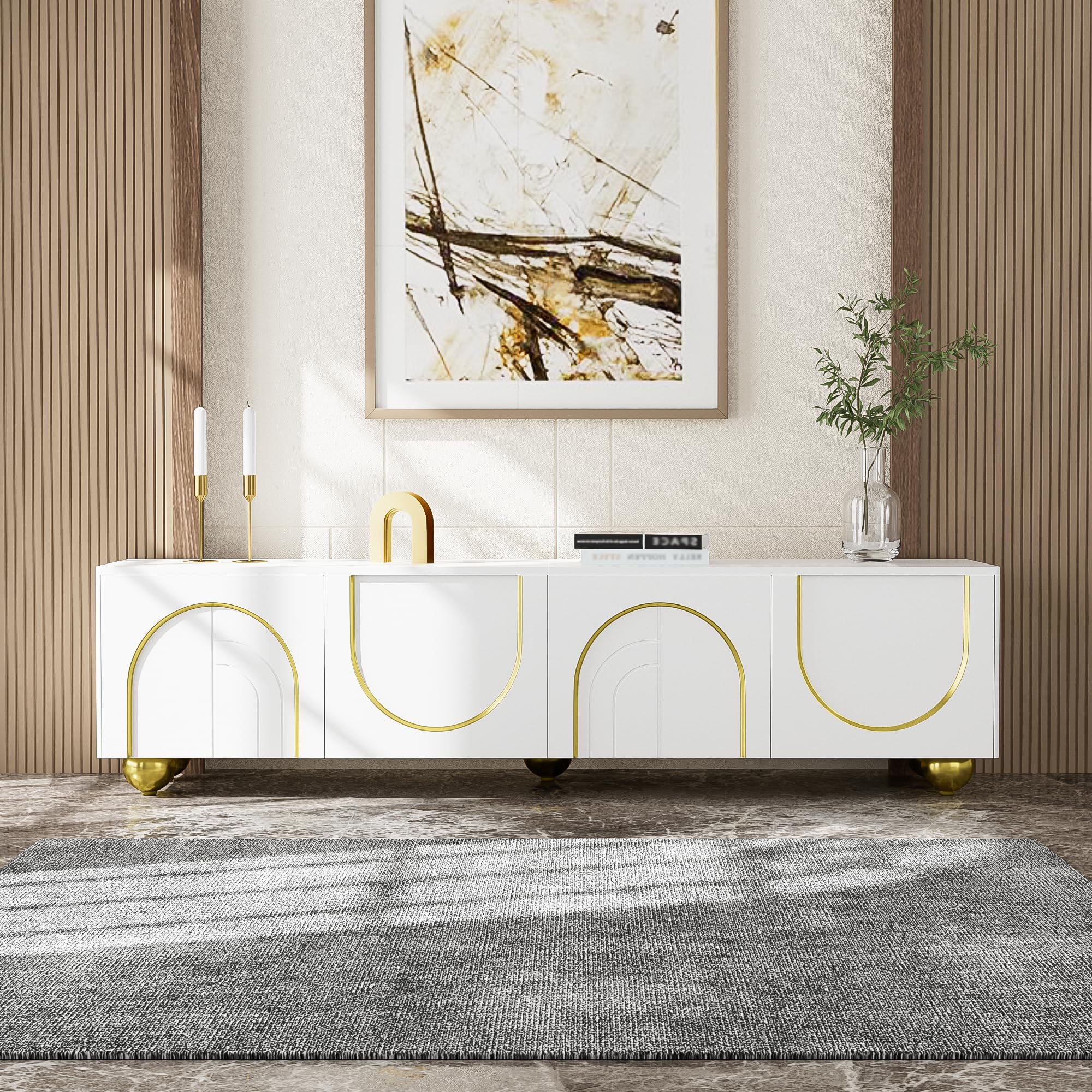 Mobile TV lowboard con ante strutturate, decorazioni dorate, gambe rotonde dorate, ripiani inclusi, push-to-open (bianco e oro, 170 x 38 x 44 cm)
