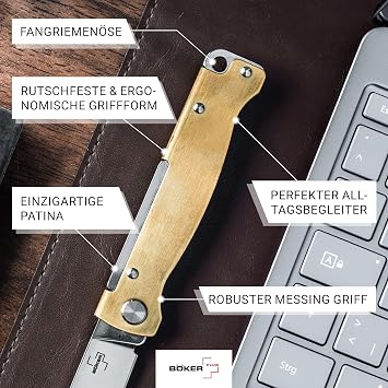 Böker PLUS® Atlas bıçağı - küçük kayma mafsallı çakı - metal saplı katlanır bıçak - EDC tam metal bıçak - vintage Sandvik bıçağı (pirinç çakı)