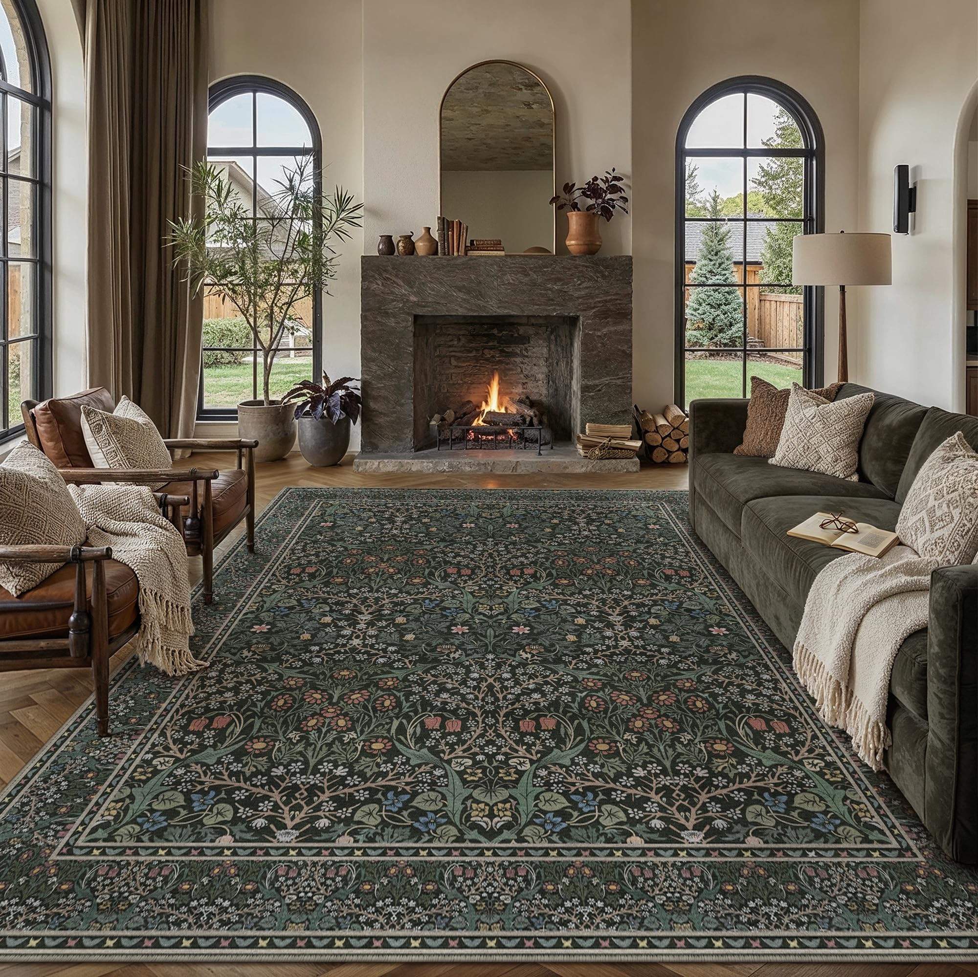 PureCozy Vintage Rugs Living Room 200x300cm Green Large Machine Washable Area Rug Non Slip Carpet Dining Room Bedroom Office Lounge Kitchen Laundry Soft Low Pile Indoor Carpets — image 1